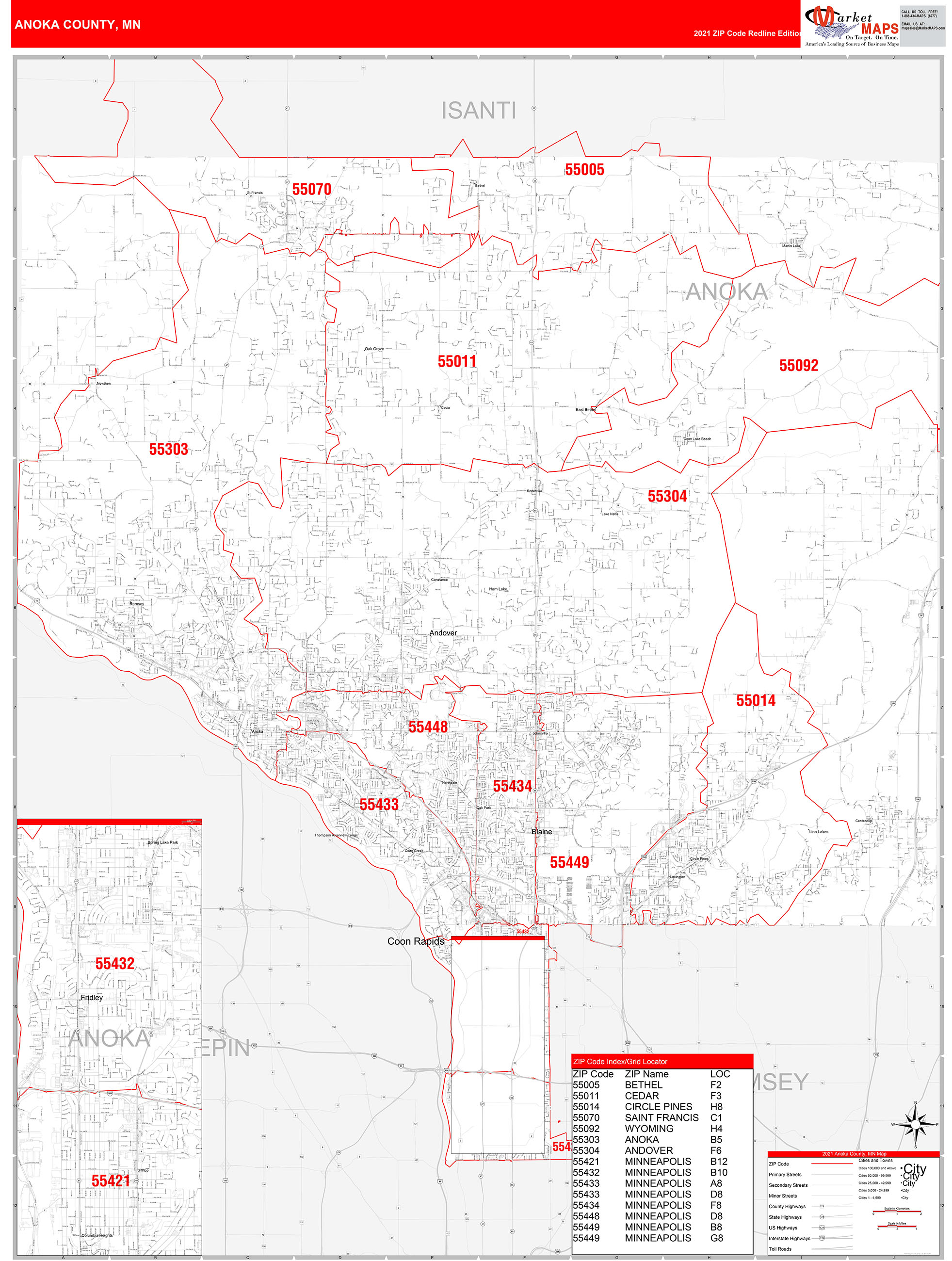 Anoka County, MN Zip Code Wall Map Red Line Style by MarketMAPS MapSales