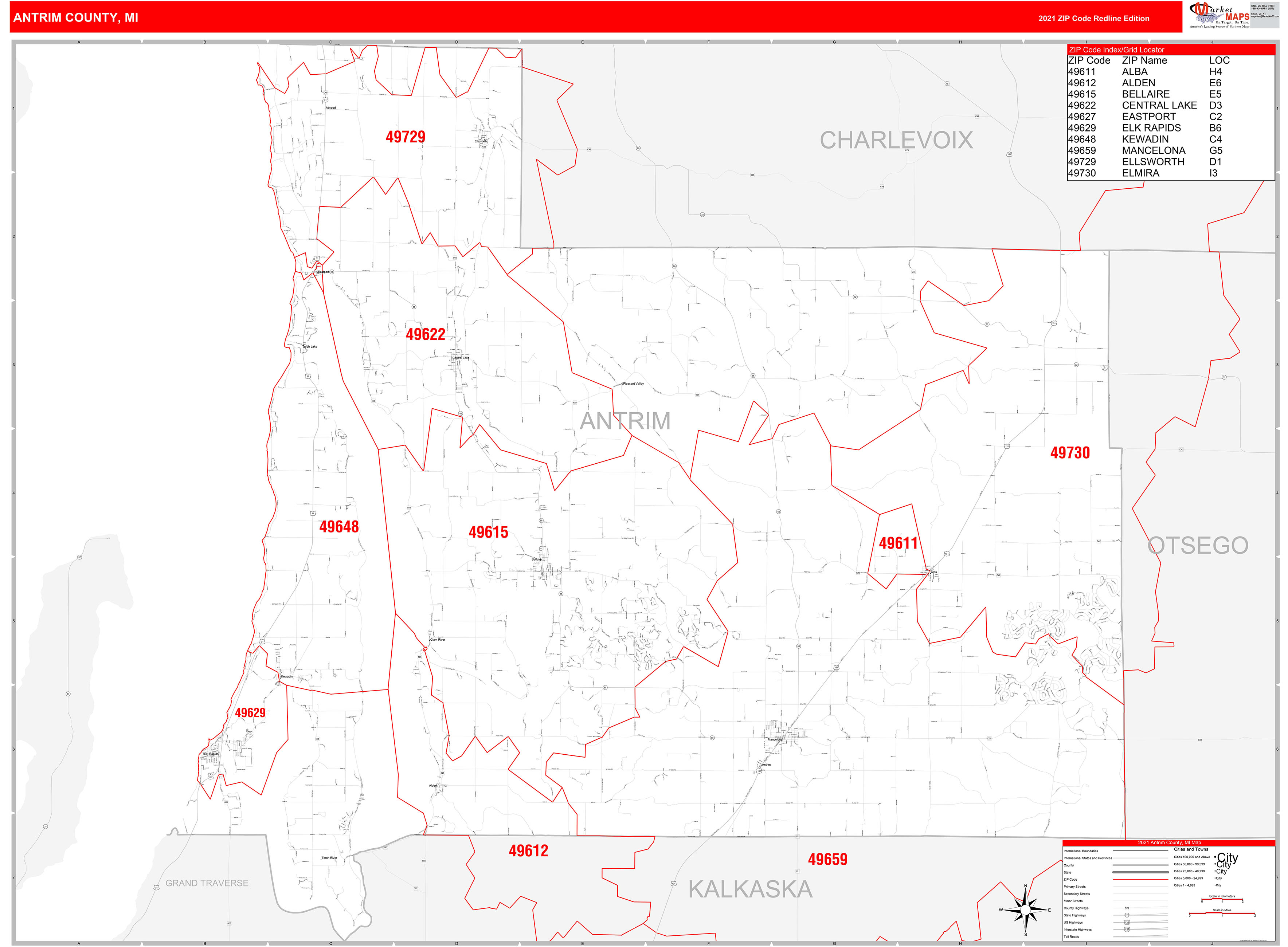 Antrim County Mi Zip Code Wall Map Red Line Style By Marketmaps Mapsales 1665