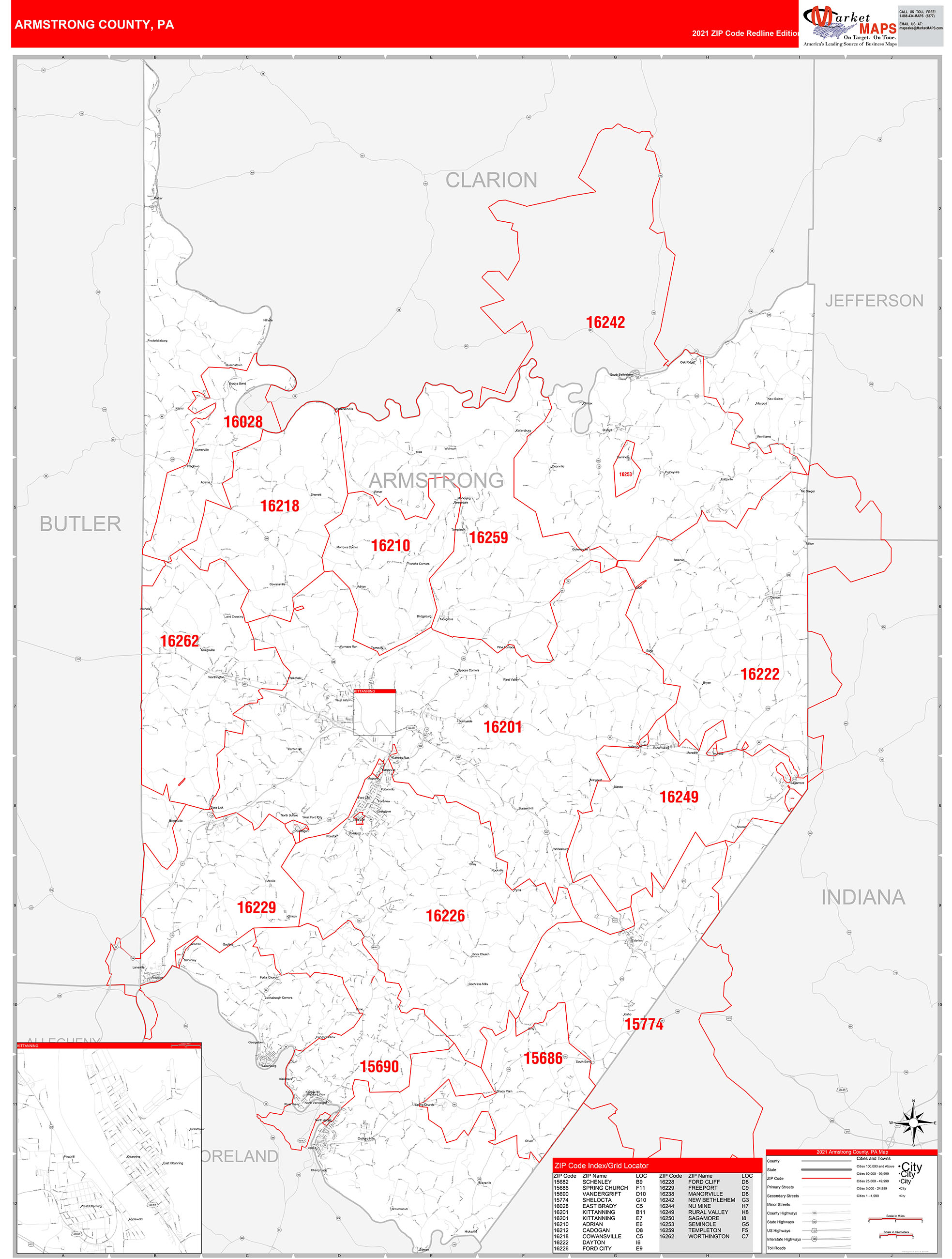 Armstrong County, PA Zip Code Wall Map Red Line Style by MarketMAPS ...