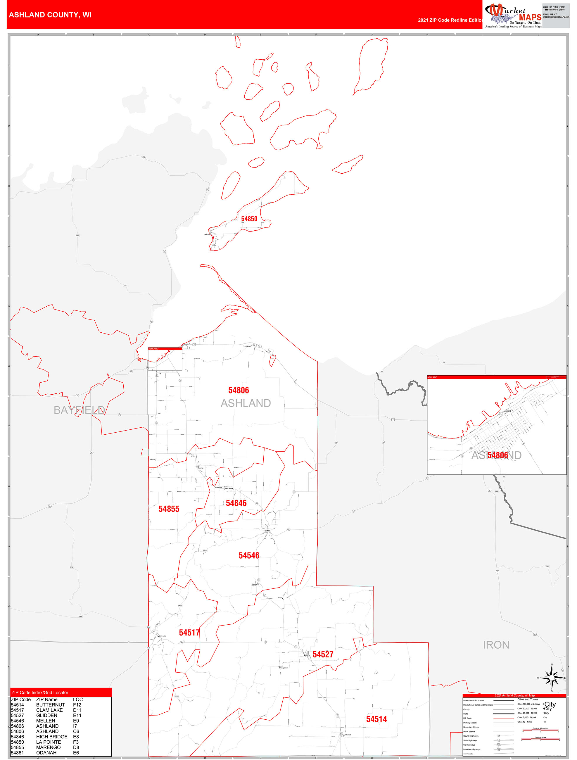 Ashland County, WI Zip Code Wall Map Red Line Style by MarketMAPS ...