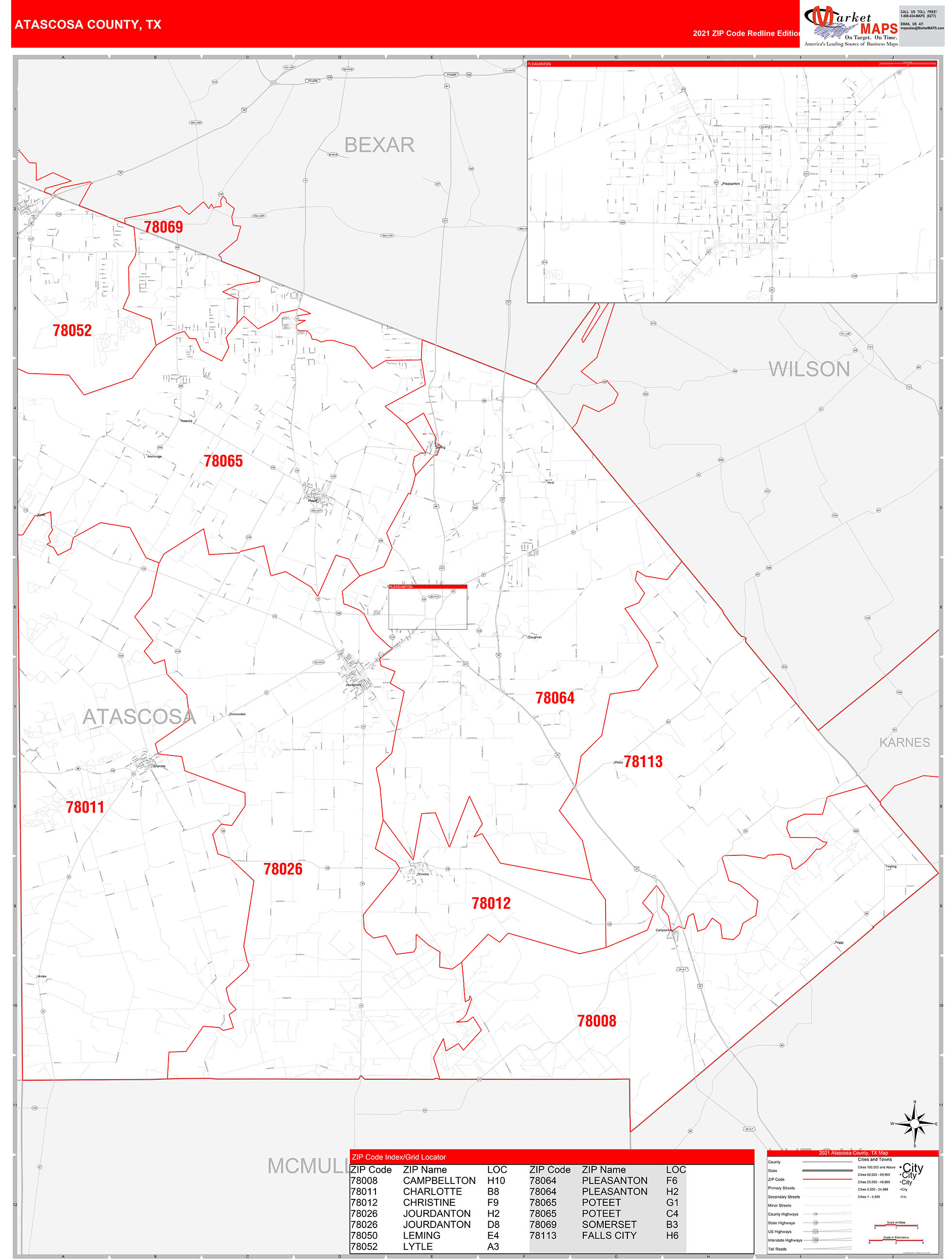 Atascosa County, TX Zip Code Wall Map Red Line Style by MarketMAPS ...