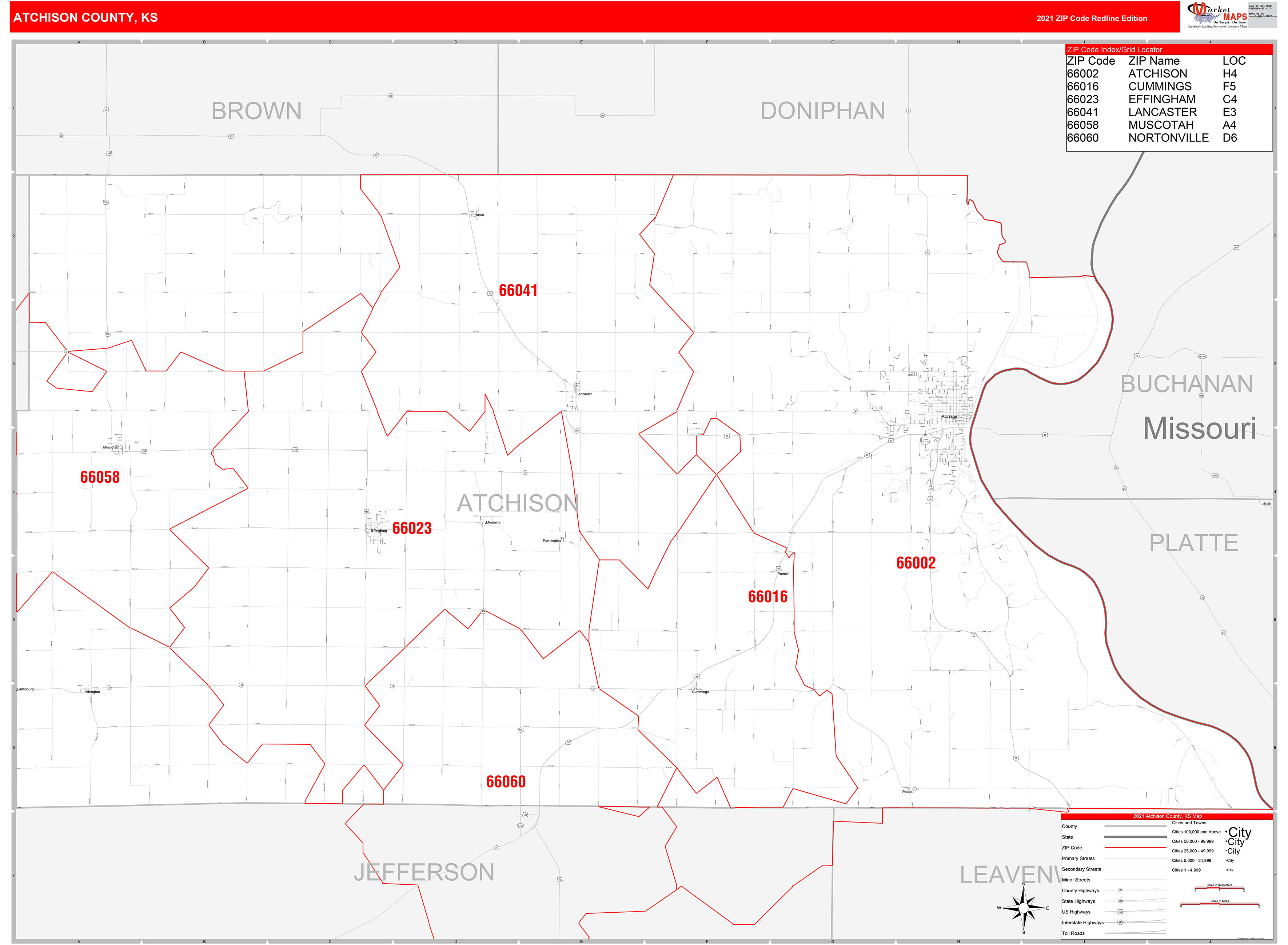 Atchison County, KS Zip Code Wall Map Red Line Style by MarketMAPS ...