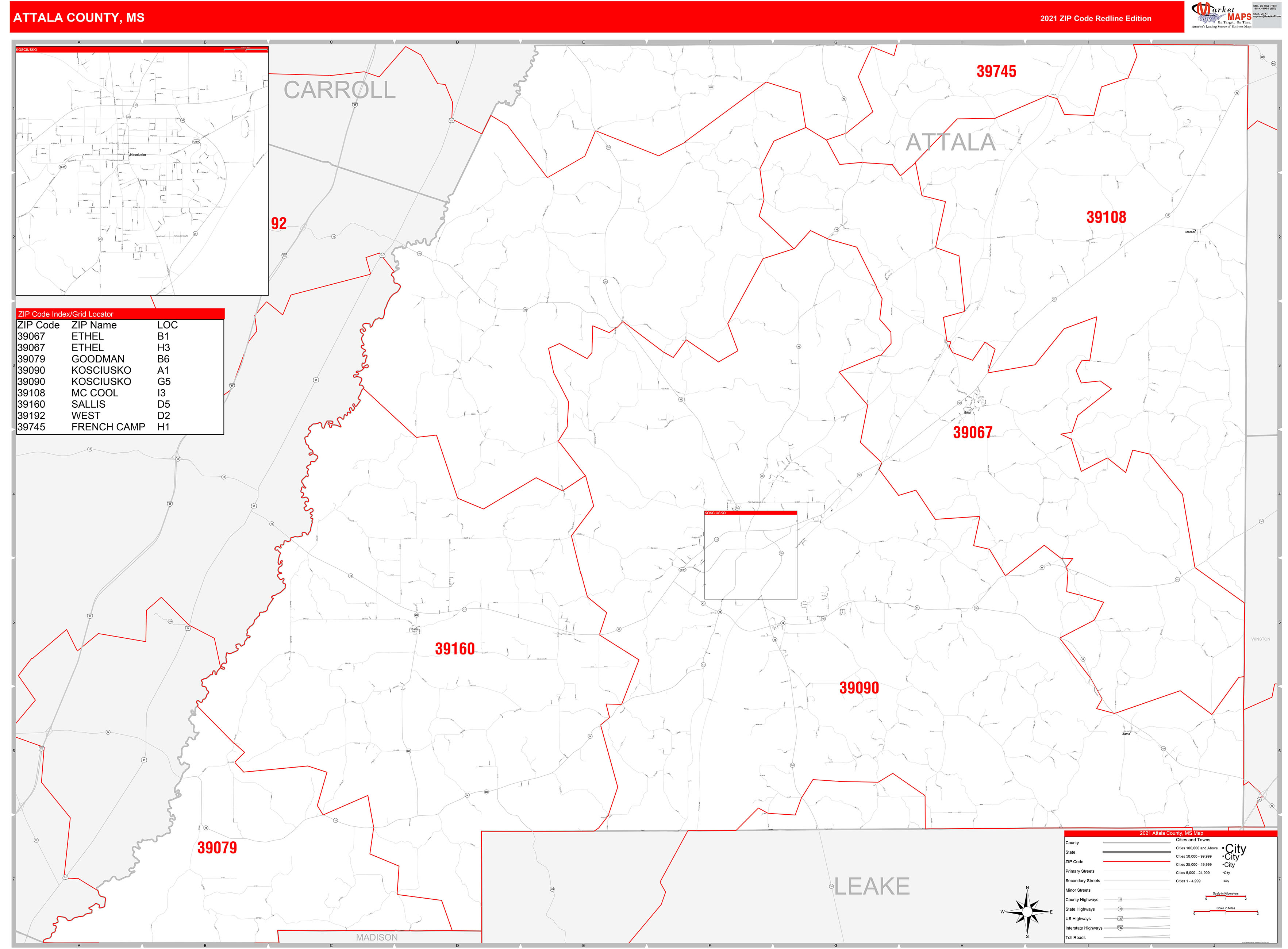 Attala County, MS Zip Code Wall Map Red Line Style by MarketMAPS