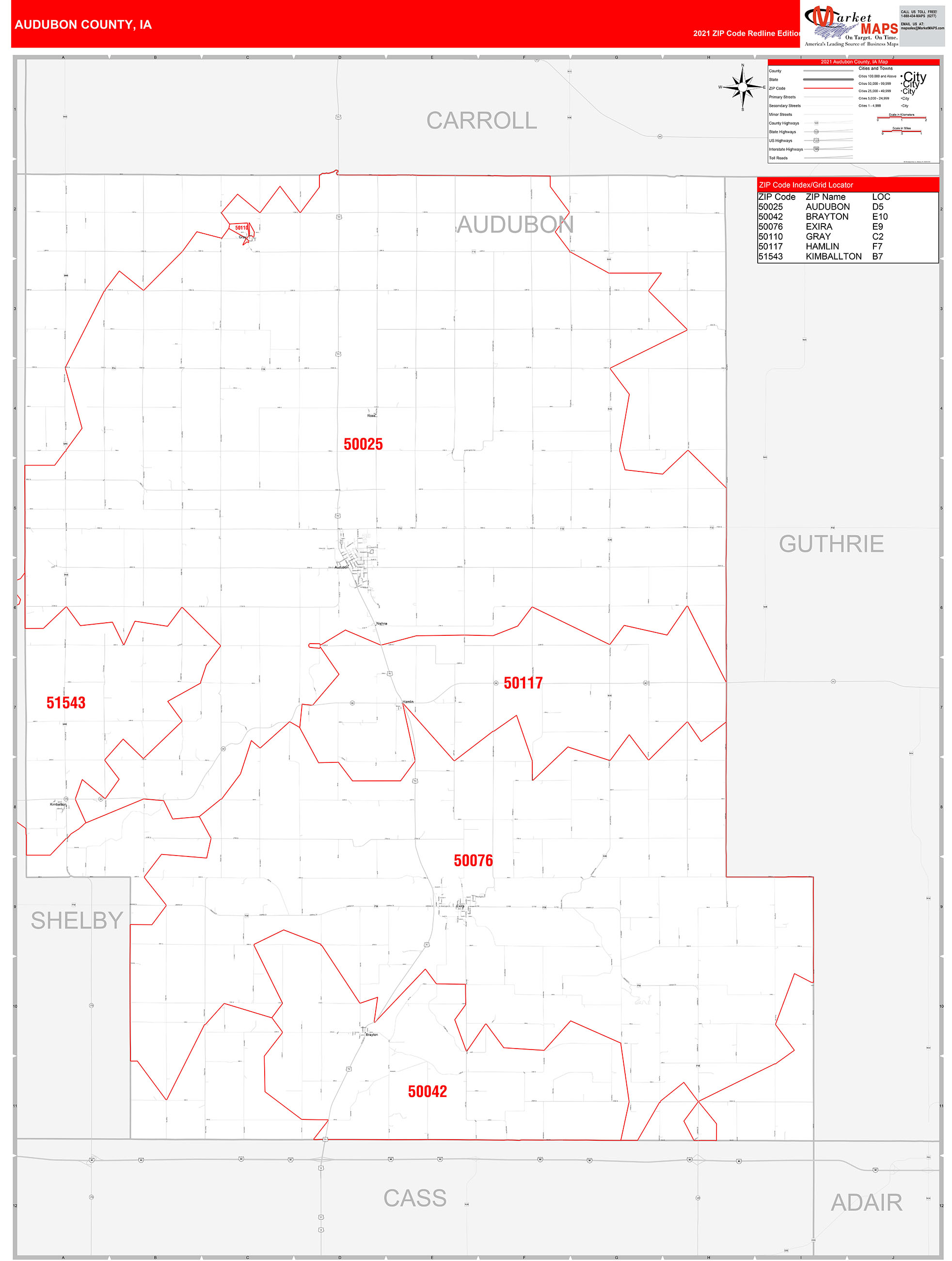 Audubon County, IA Zip Code Wall Map Red Line Style by MarketMAPS