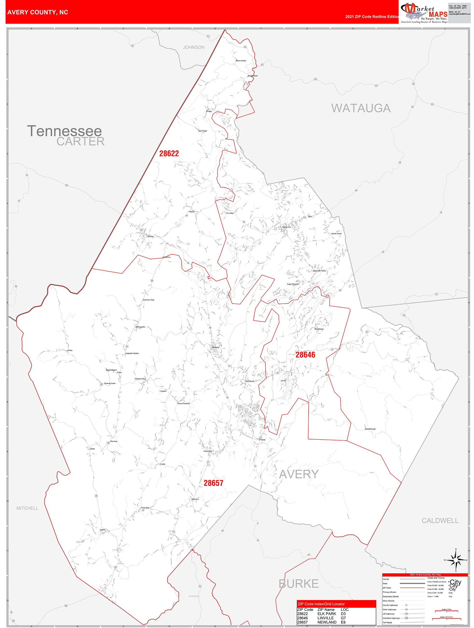 Avery County, NC Zip Code Wall Map Red Line Style by MarketMAPS