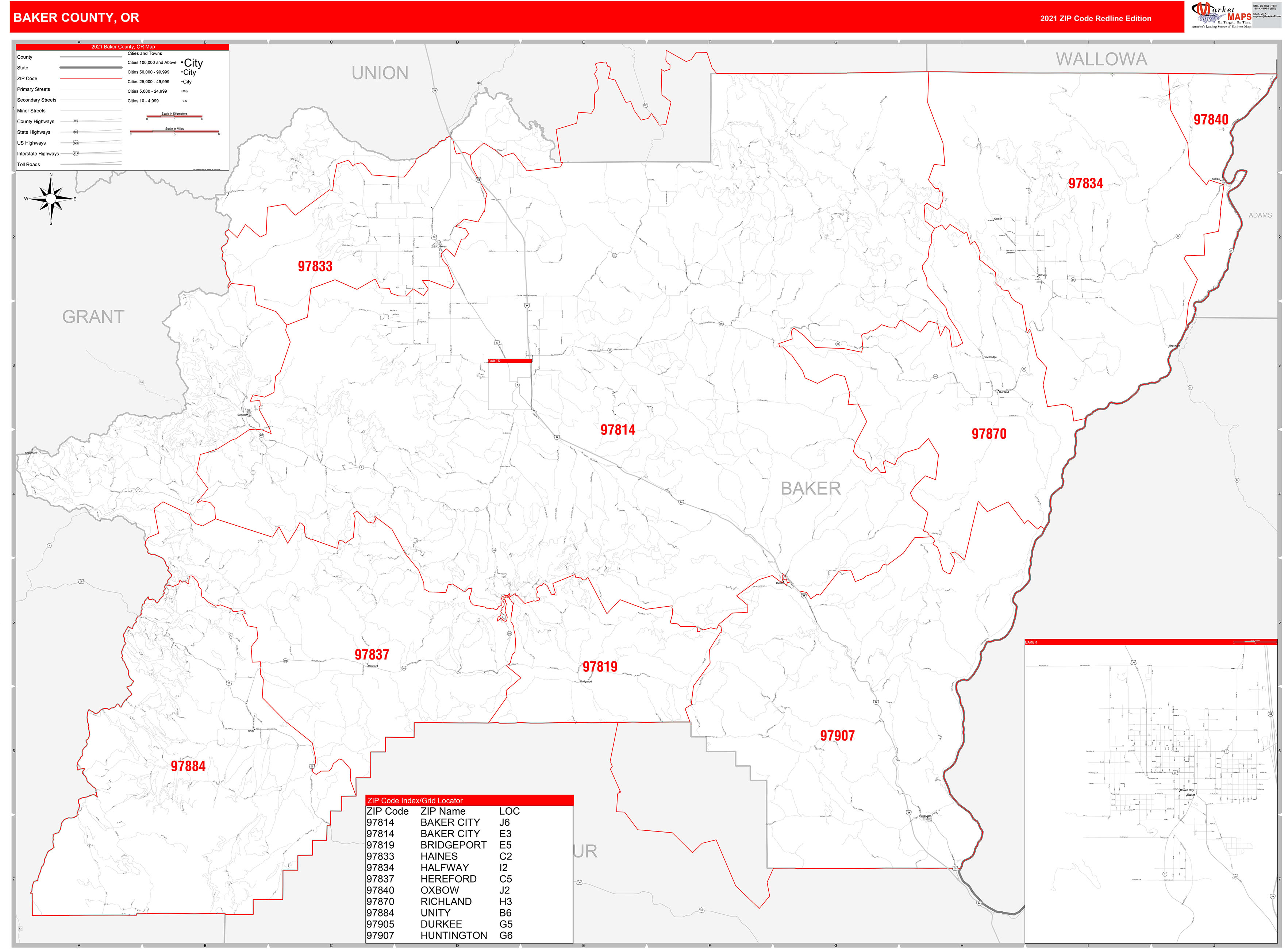 Baker County, OR Zip Code Wall Map Red Line Style by MarketMAPS MapSales