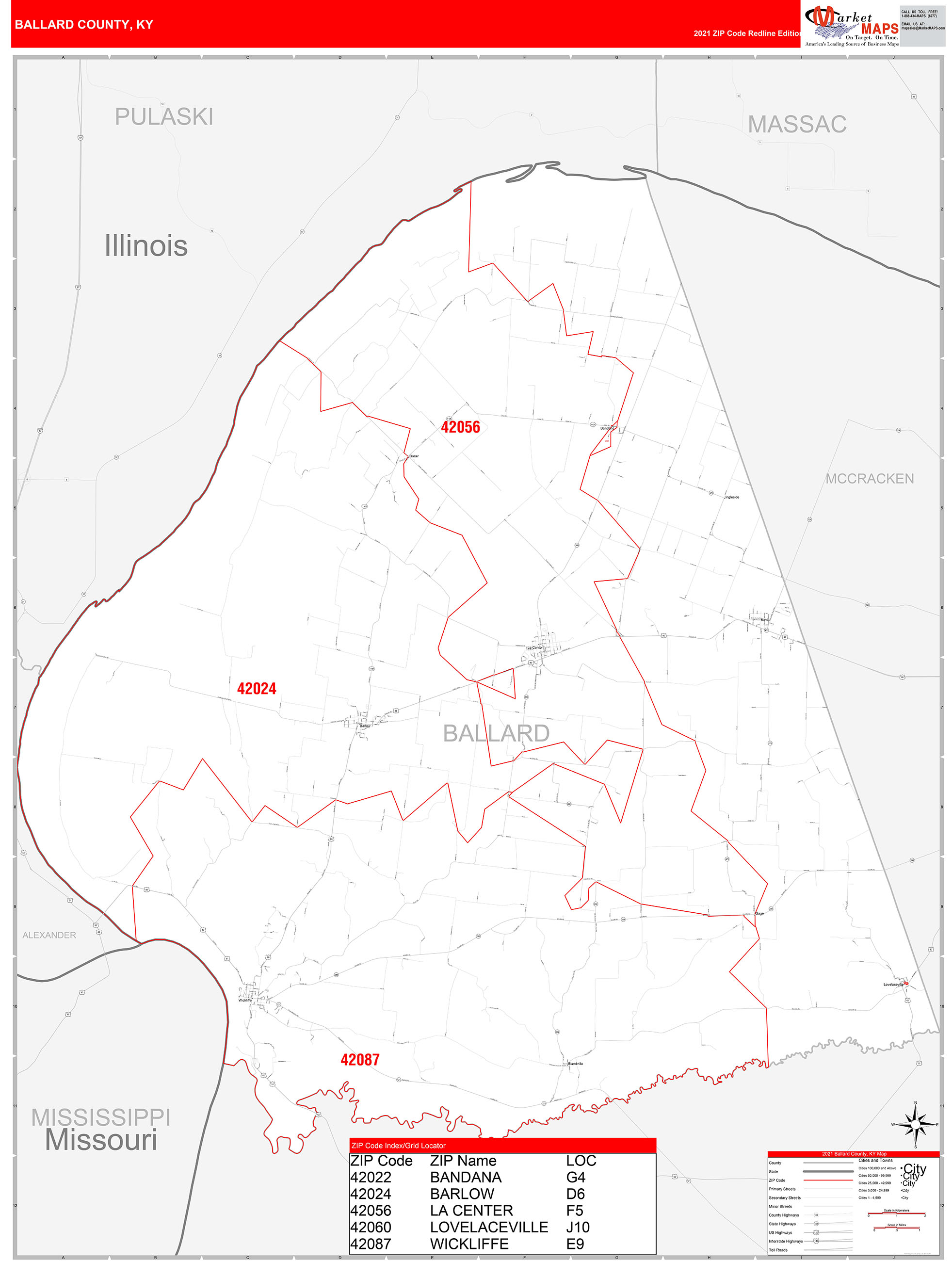 Ballard County, KY Zip Code Wall Map Red Line Style by MarketMAPS ...