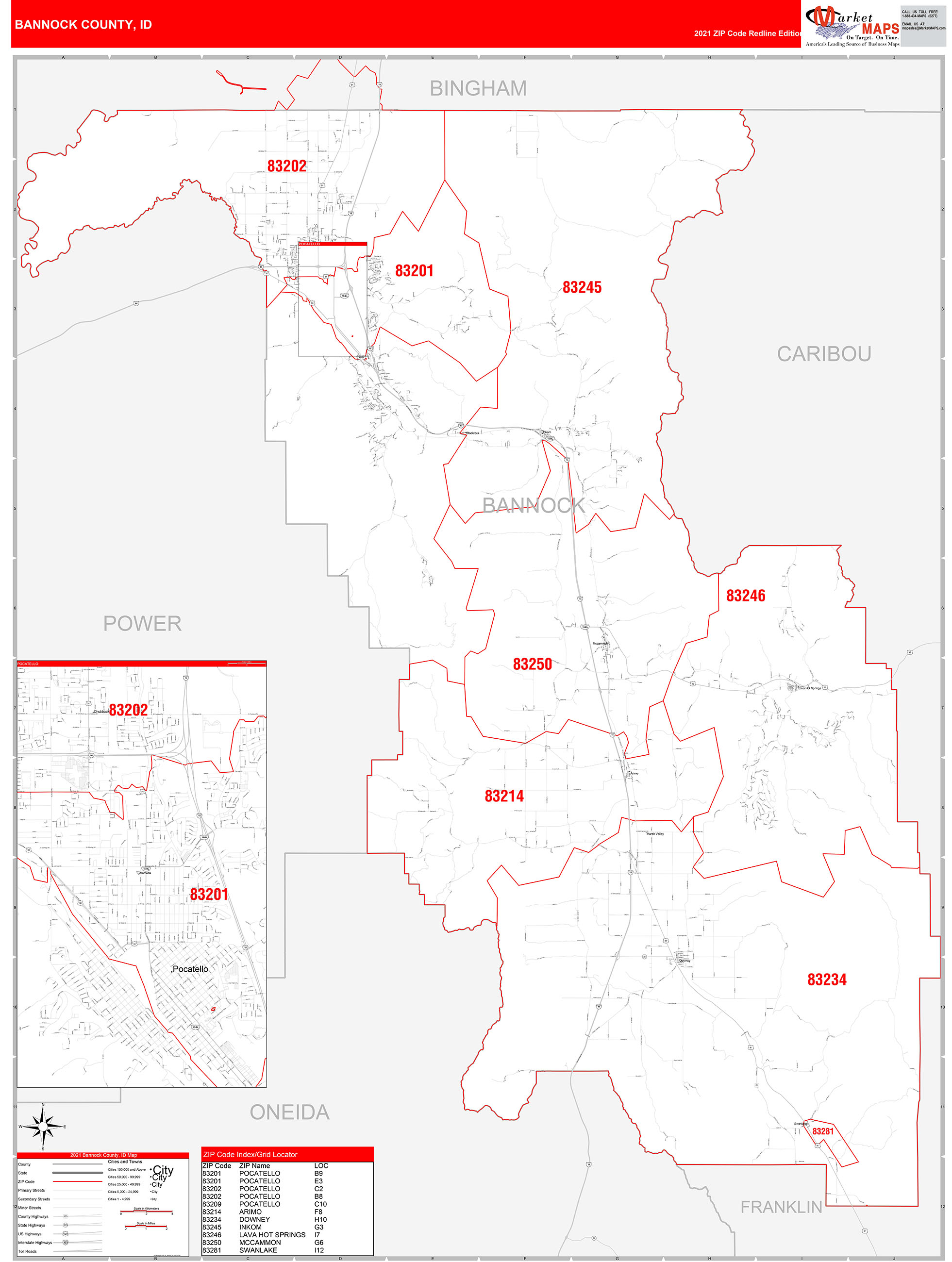 Bannock County, ID Zip Code Wall Map Red Line Style by MarketMAPS ...