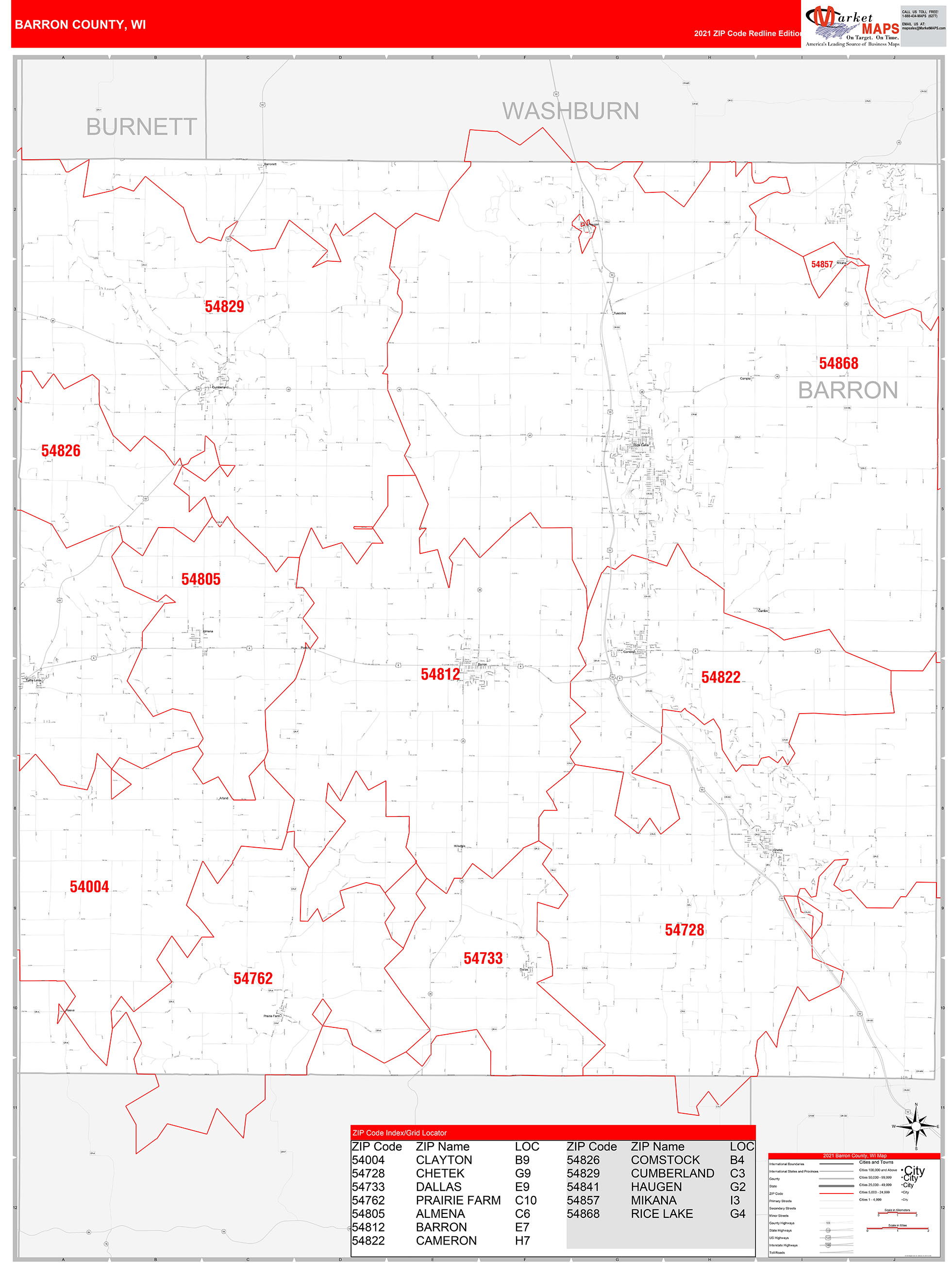 Barron County Wi Zip Code Wall Map Red Line Style By Marketmaps Mapsales