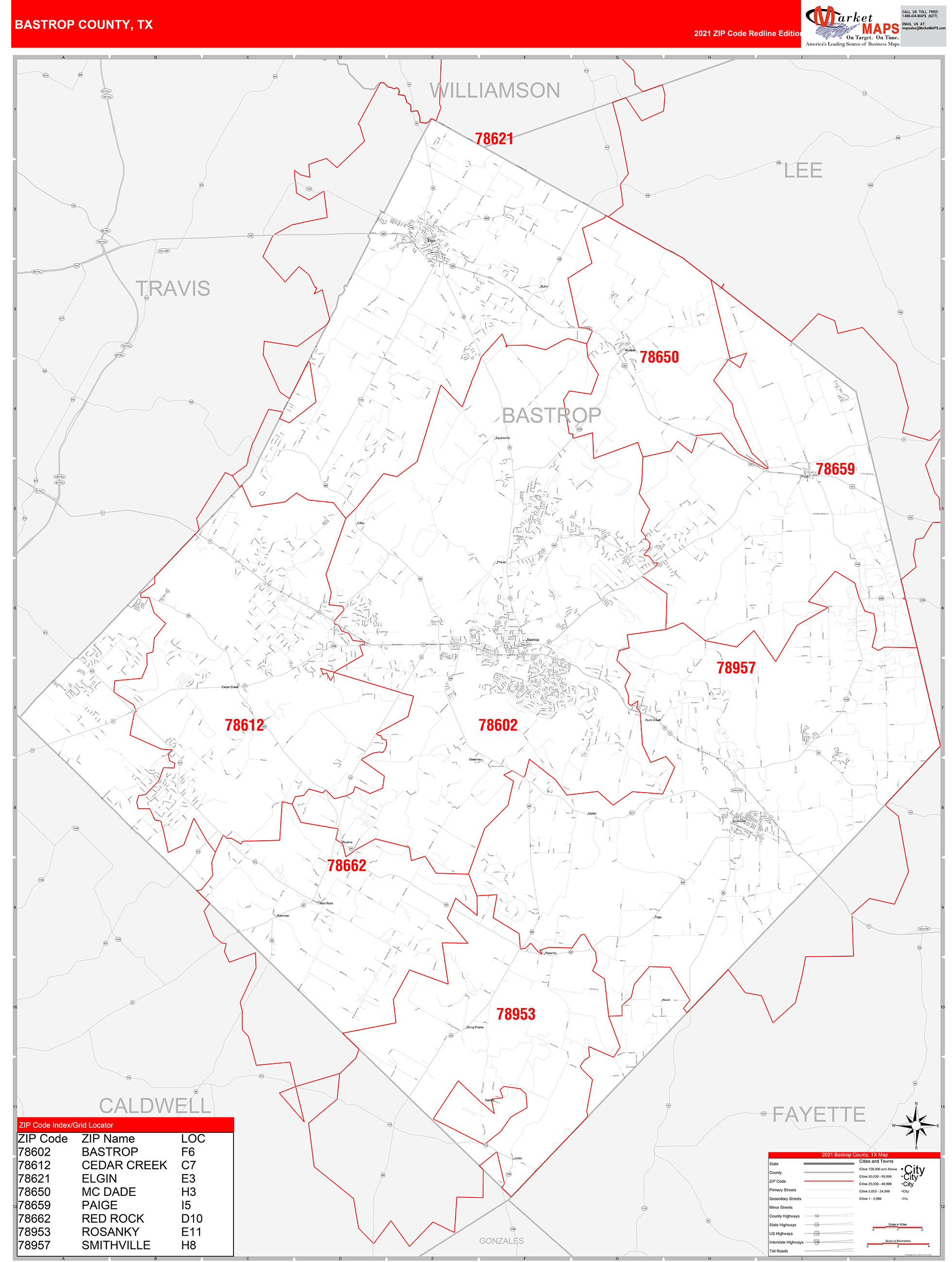 Bastrop County Tx Zip Code Wall Map Red Line Style By Marketmaps Mapsales 0842