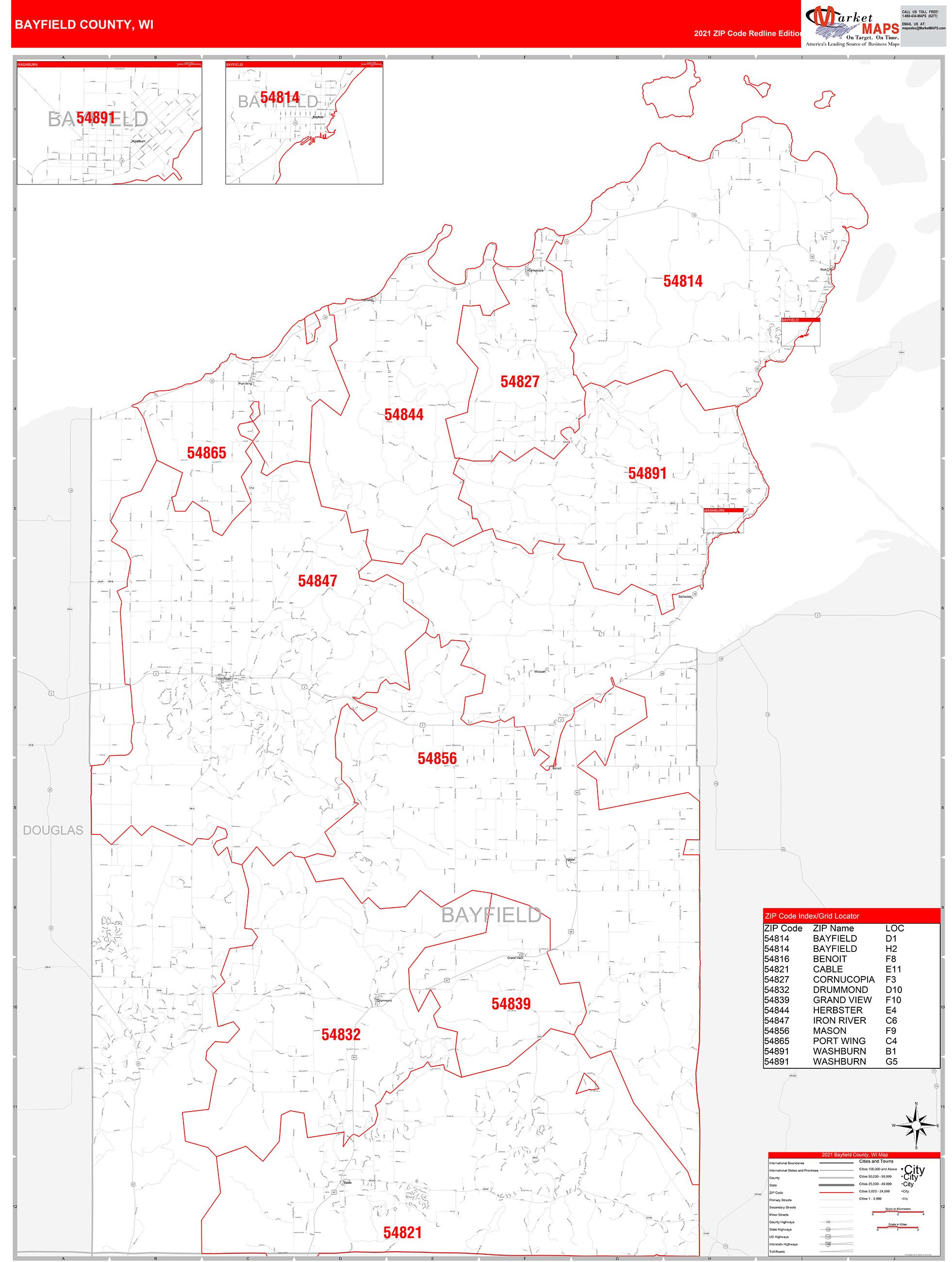 Bayfield County, WI Zip Code Wall Map Red Line Style by MarketMAPS ...