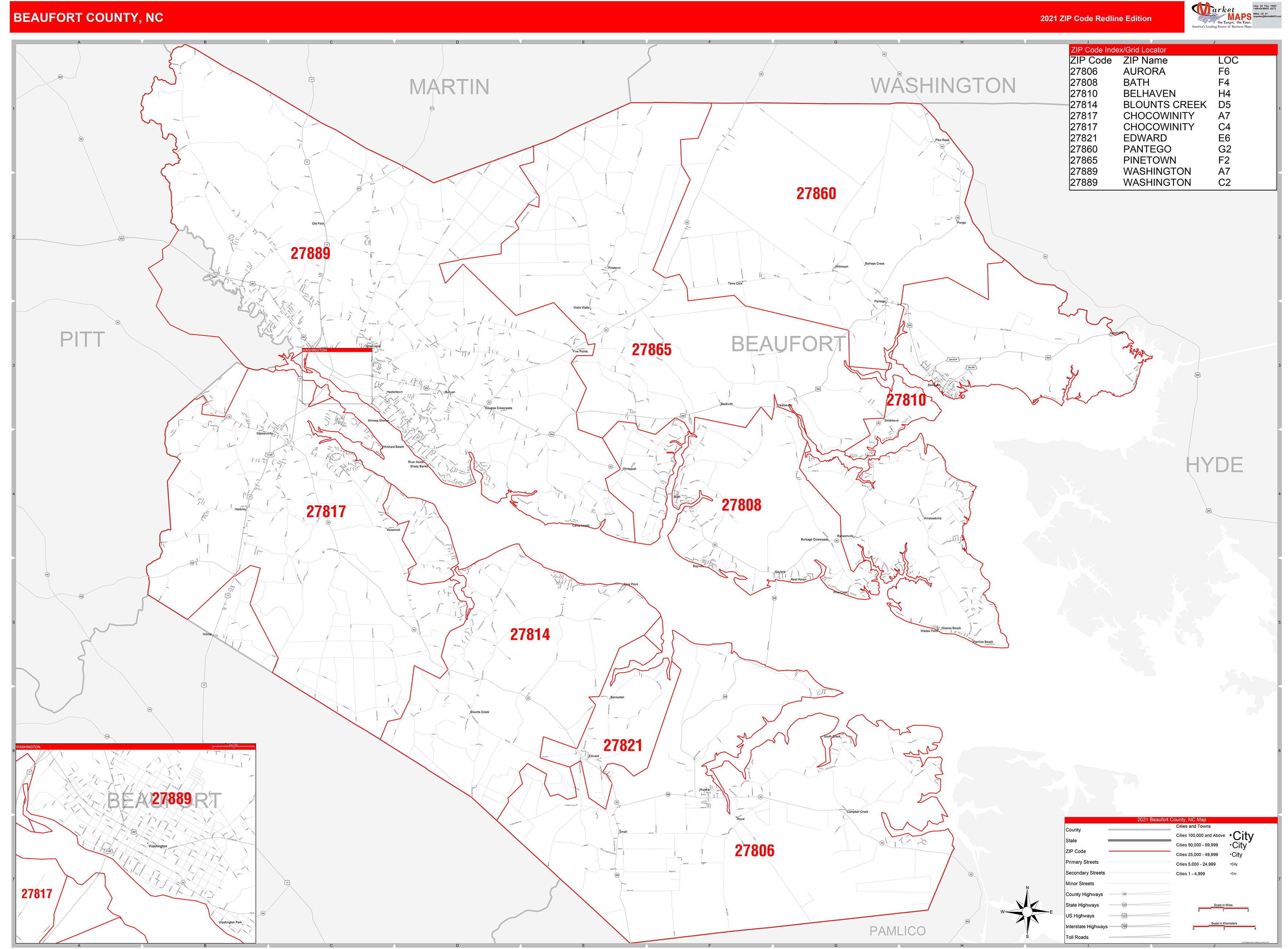 Beaufort County, NC Zip Code Wall Map Red Line Style by MarketMAPS ...
