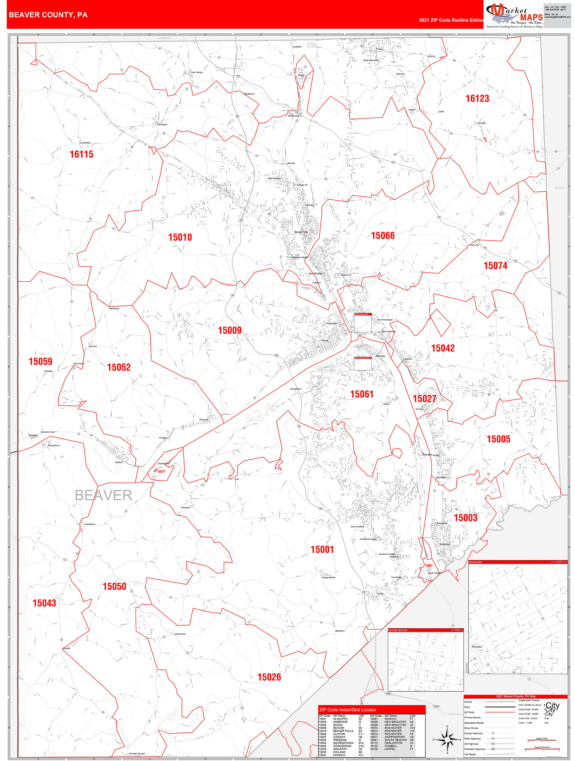 Beaver County, PA Zip Code Wall Map Red Line Style by MarketMAPS - MapSales