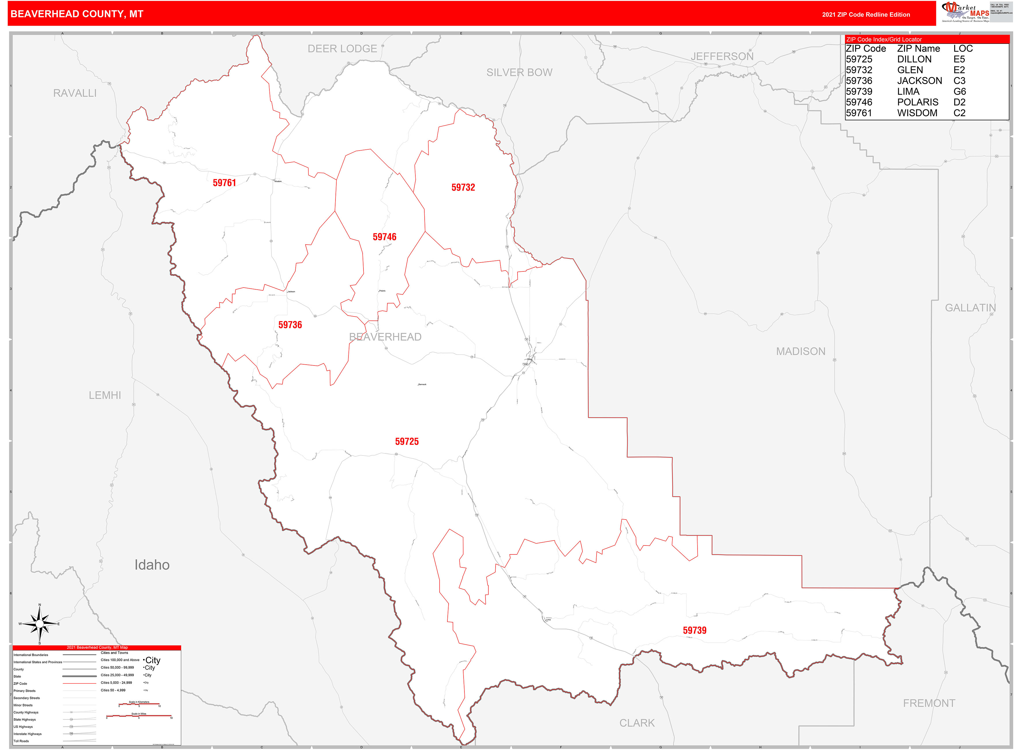 Beaverhead County, MT Zip Code Wall Map Red Line Style by MarketMAPS