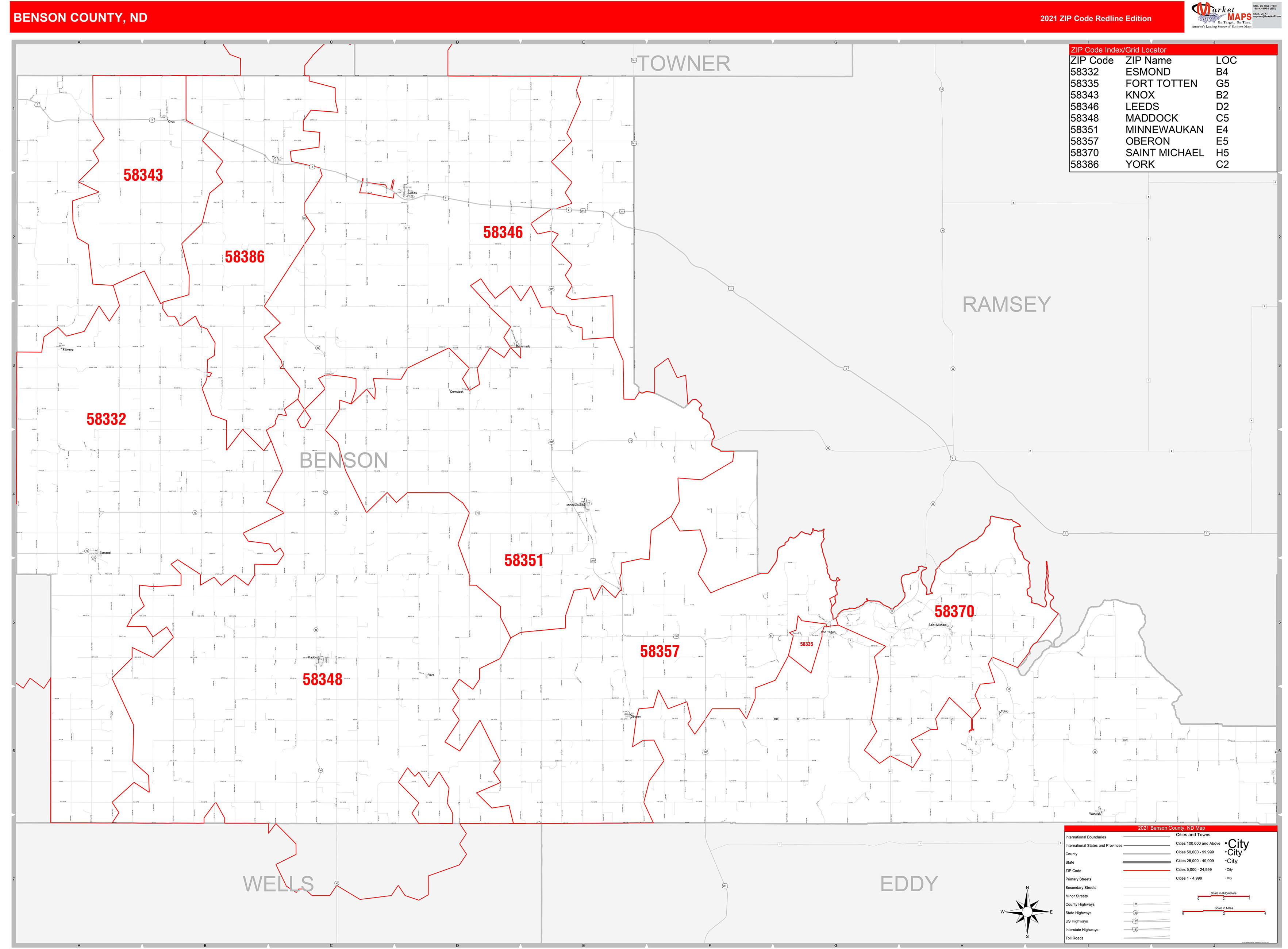 Benson County, ND Zip Code Wall Map Red Line Style by MarketMAPS