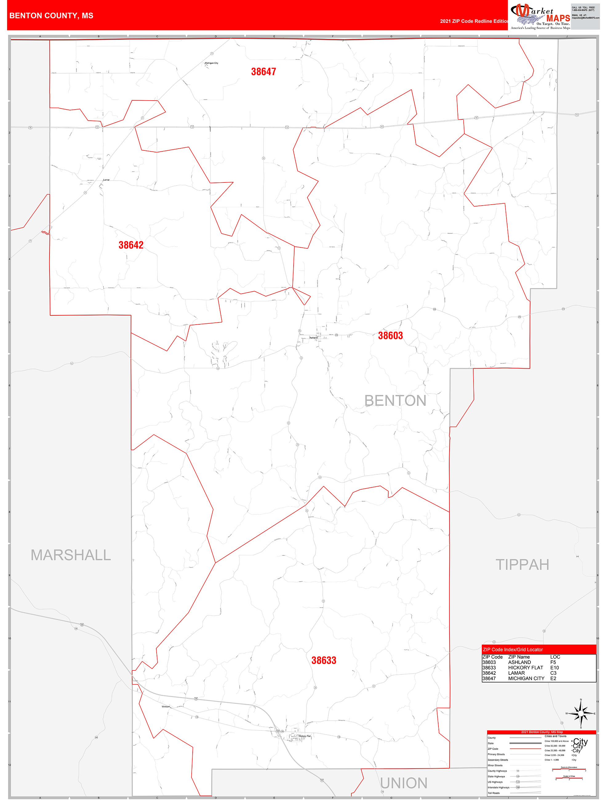 Benton County, MS Zip Code Wall Map Red Line Style by MarketMAPS