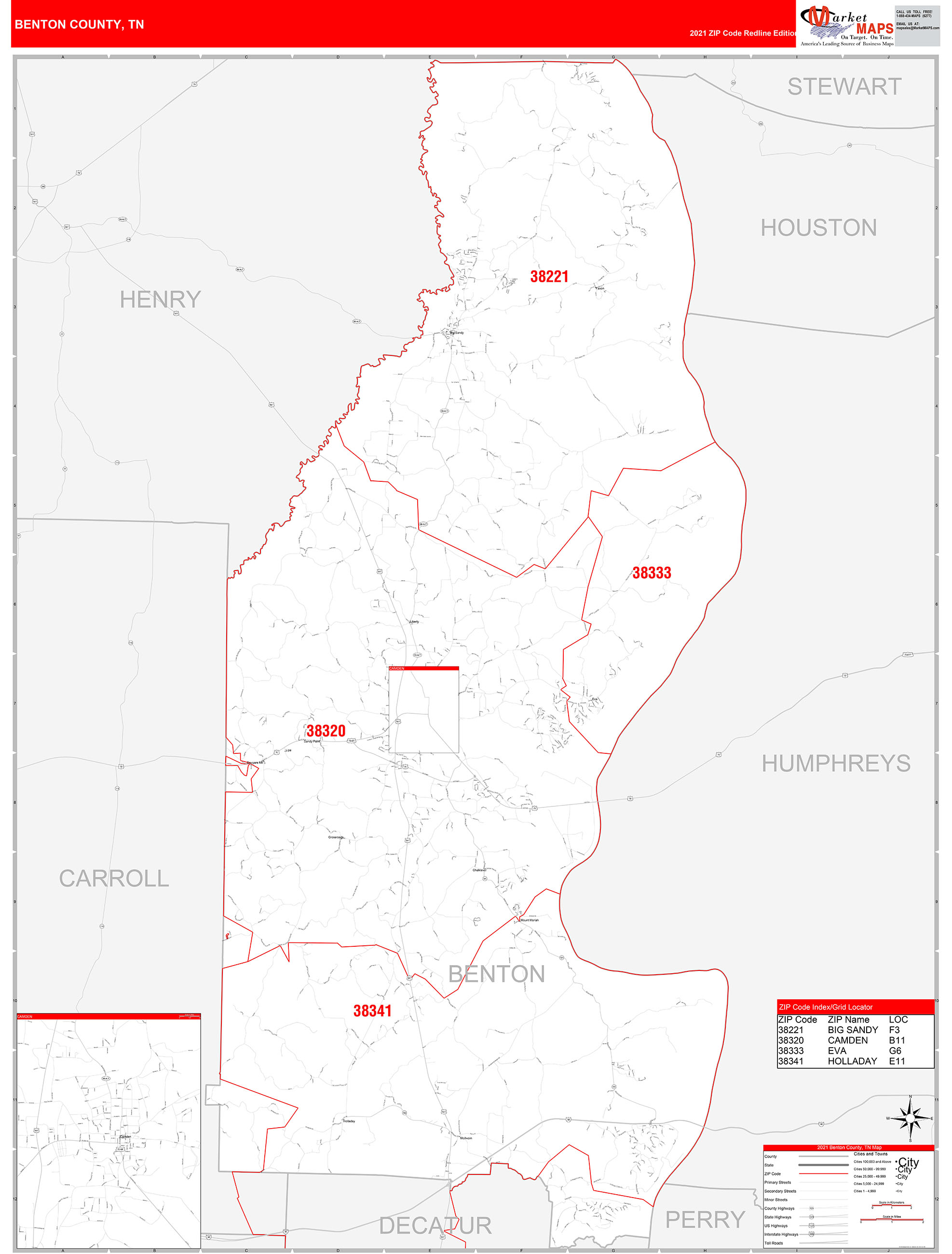 Benton County, TN Zip Code Wall Map Red Line Style by MarketMAPS MapSales