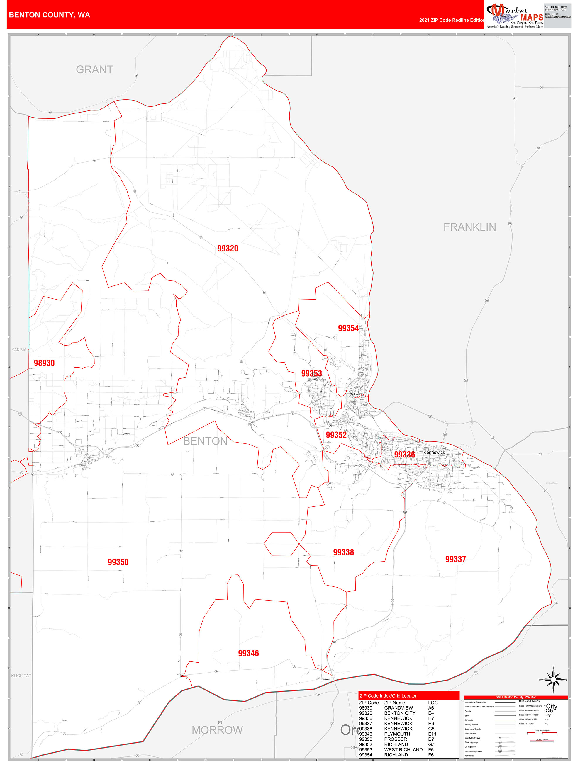 Benton County, WA Zip Code Wall Map Red Line Style by MarketMAPS MapSales