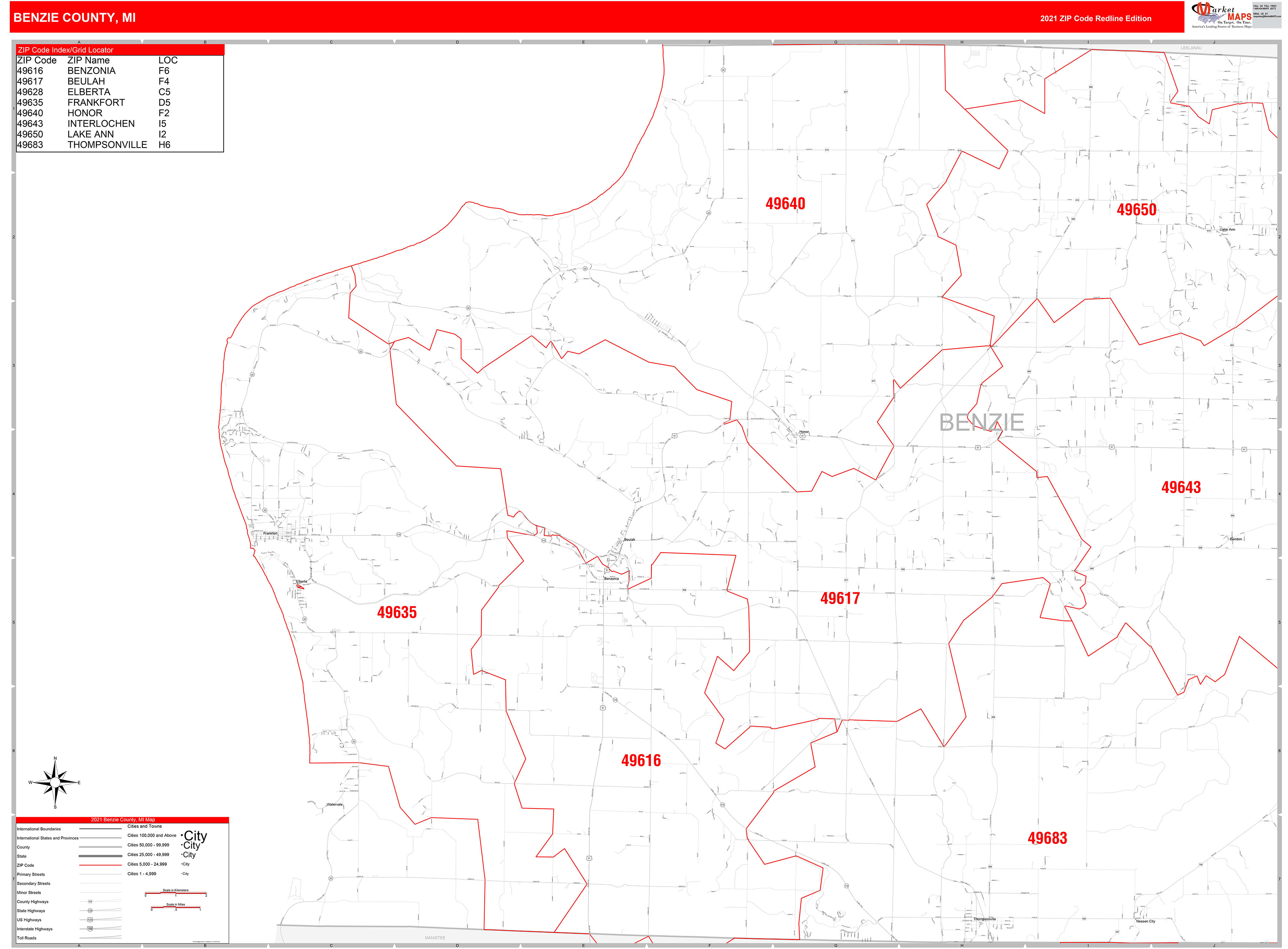 Benzie County, MI Zip Code Wall Map Red Line Style by MarketMAPS