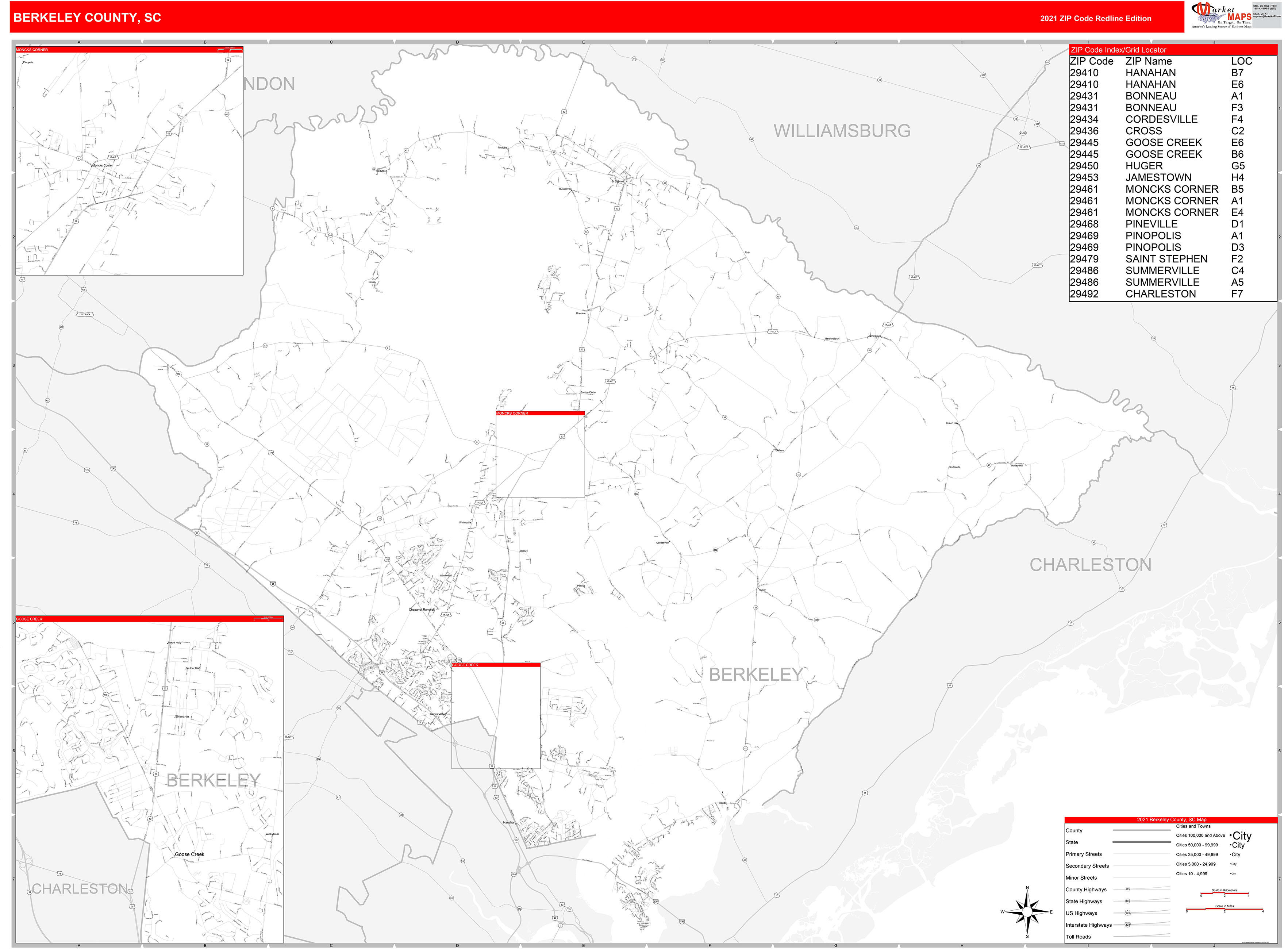 Berkeley County, SC Zip Code Wall Map Red Line Style by MarketMAPS