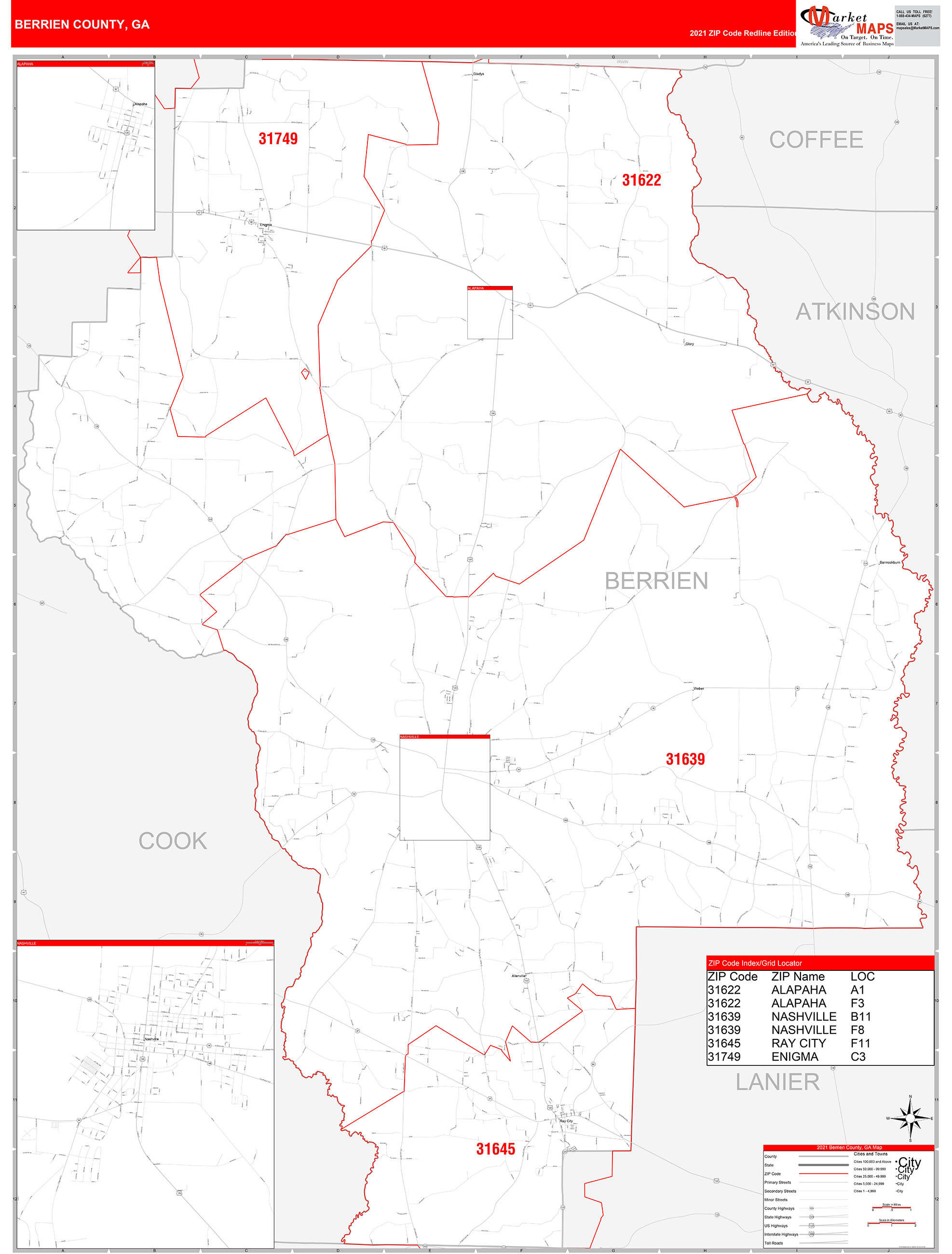 Berrien County, GA Zip Code Wall Map Red Line Style by MarketMAPS ...
