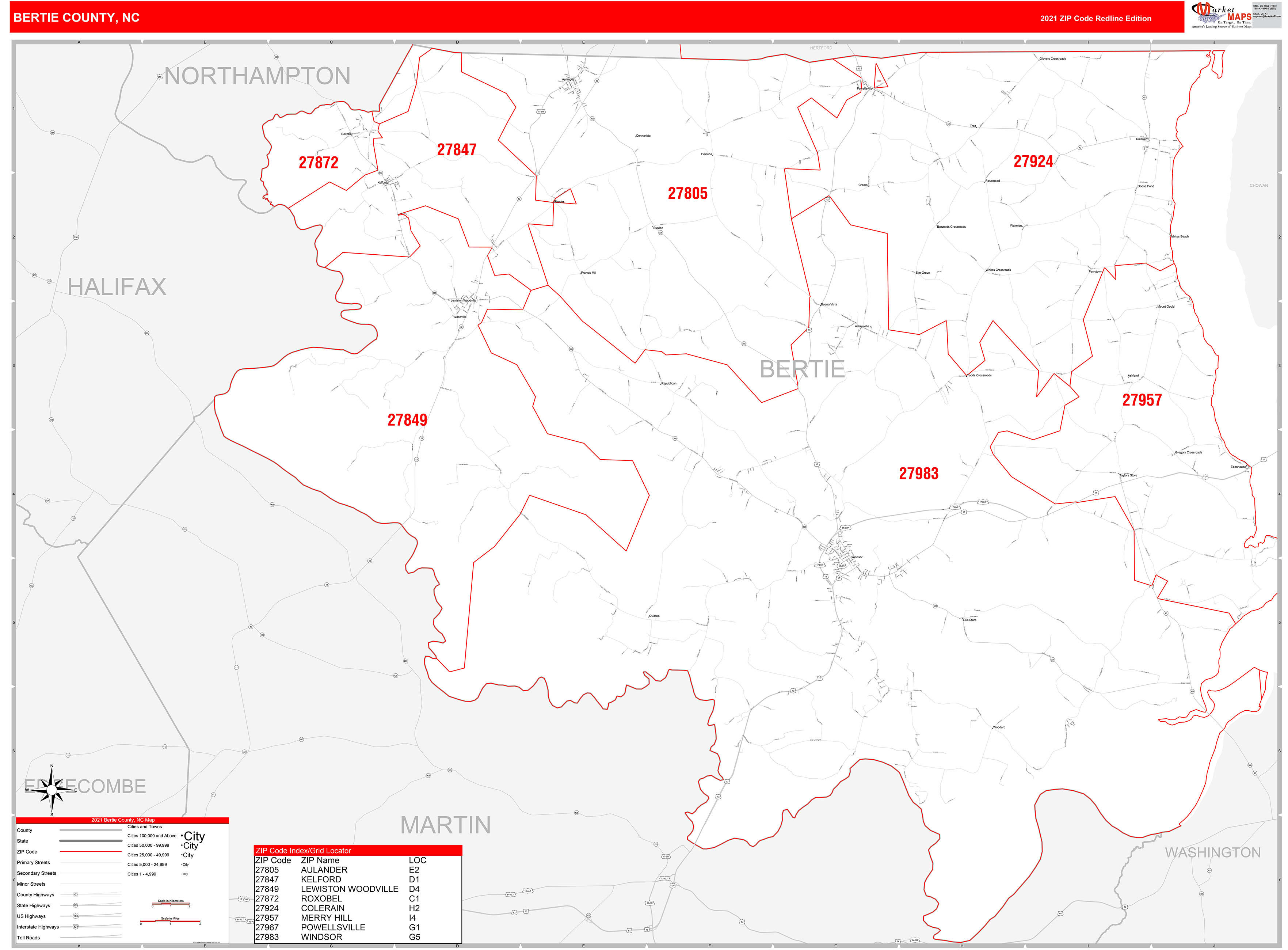 Bertie County, NC Zip Code Wall Map Red Line Style by MarketMAPS - MapSales