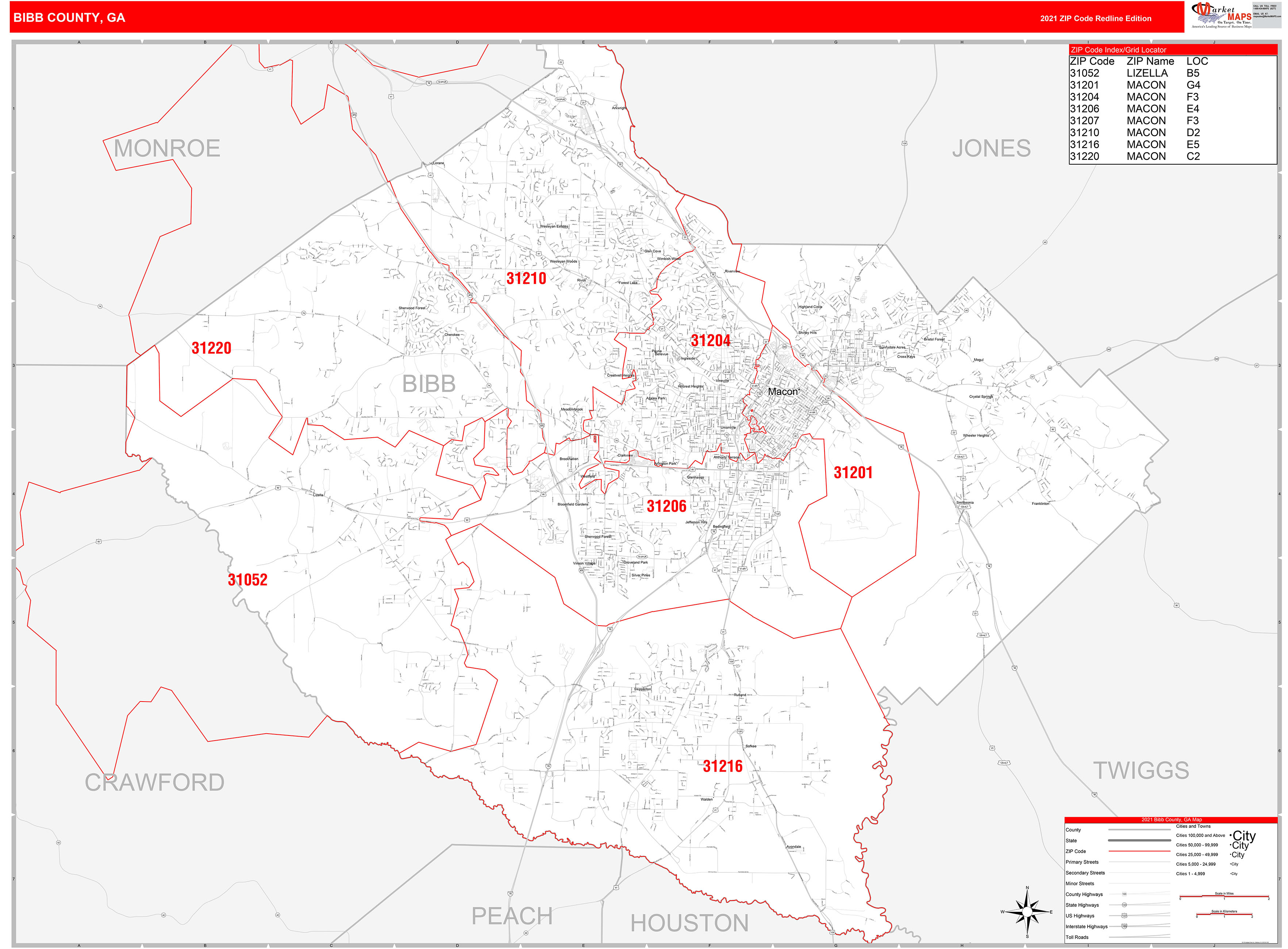 Bibb County Ga Zip Code Wall Map Red Line Style By Marketmaps 5298