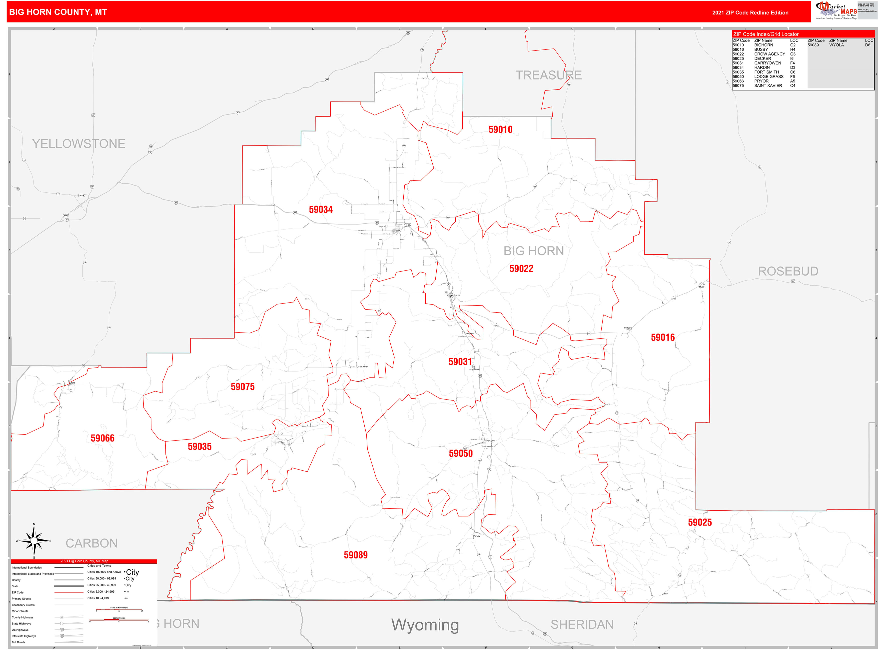 Big Horn County, MT Zip Code Wall Map Red Line Style by MarketMAPS