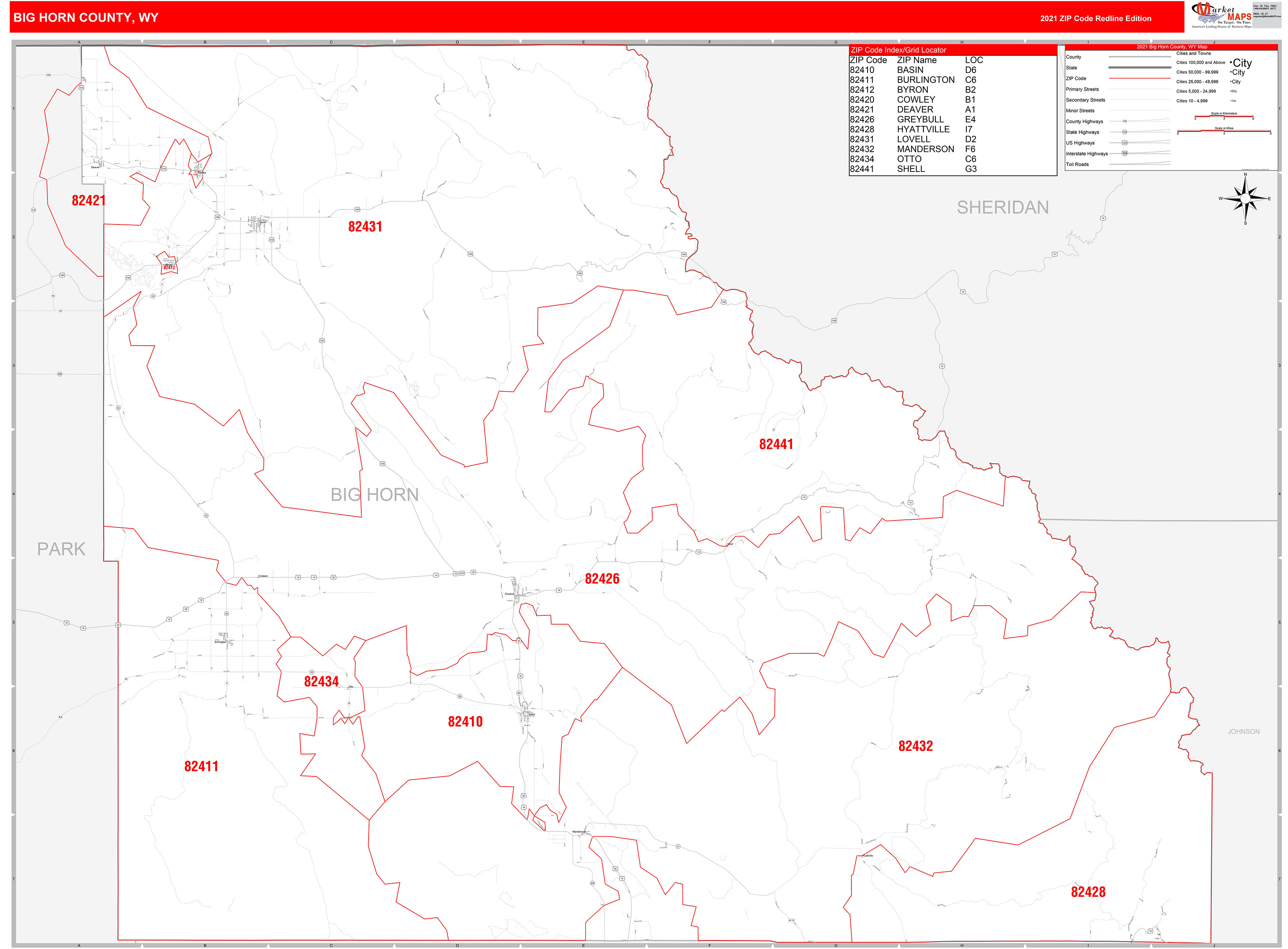 Big Horn County, WY Zip Code Wall Map Red Line Style by MarketMAPS