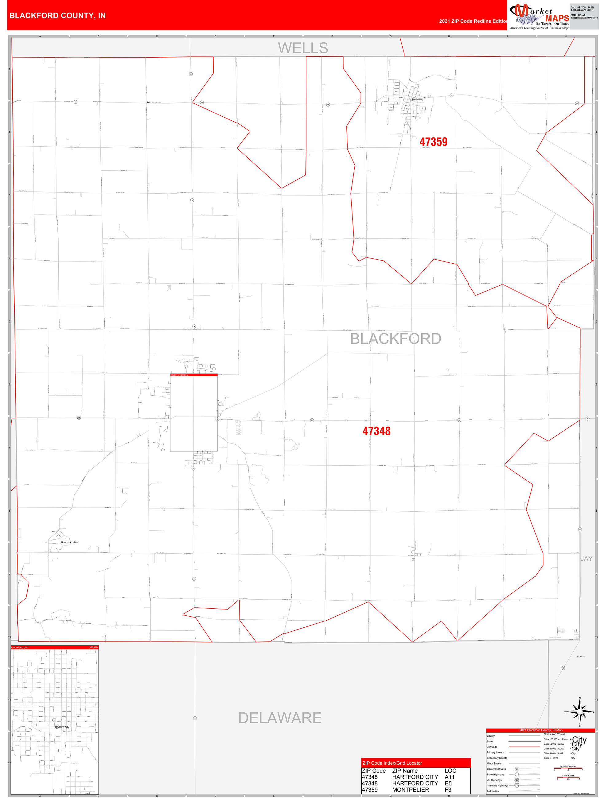 Blackford County, IN Zip Code Wall Map Red Line Style by MarketMAPS