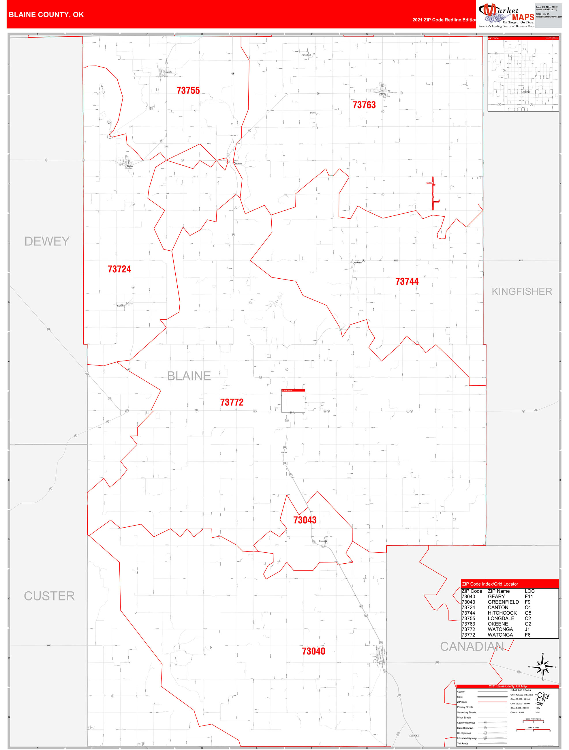 Blaine County Ok Zip Code Wall Map Red Line Style By Marketmaps 2715