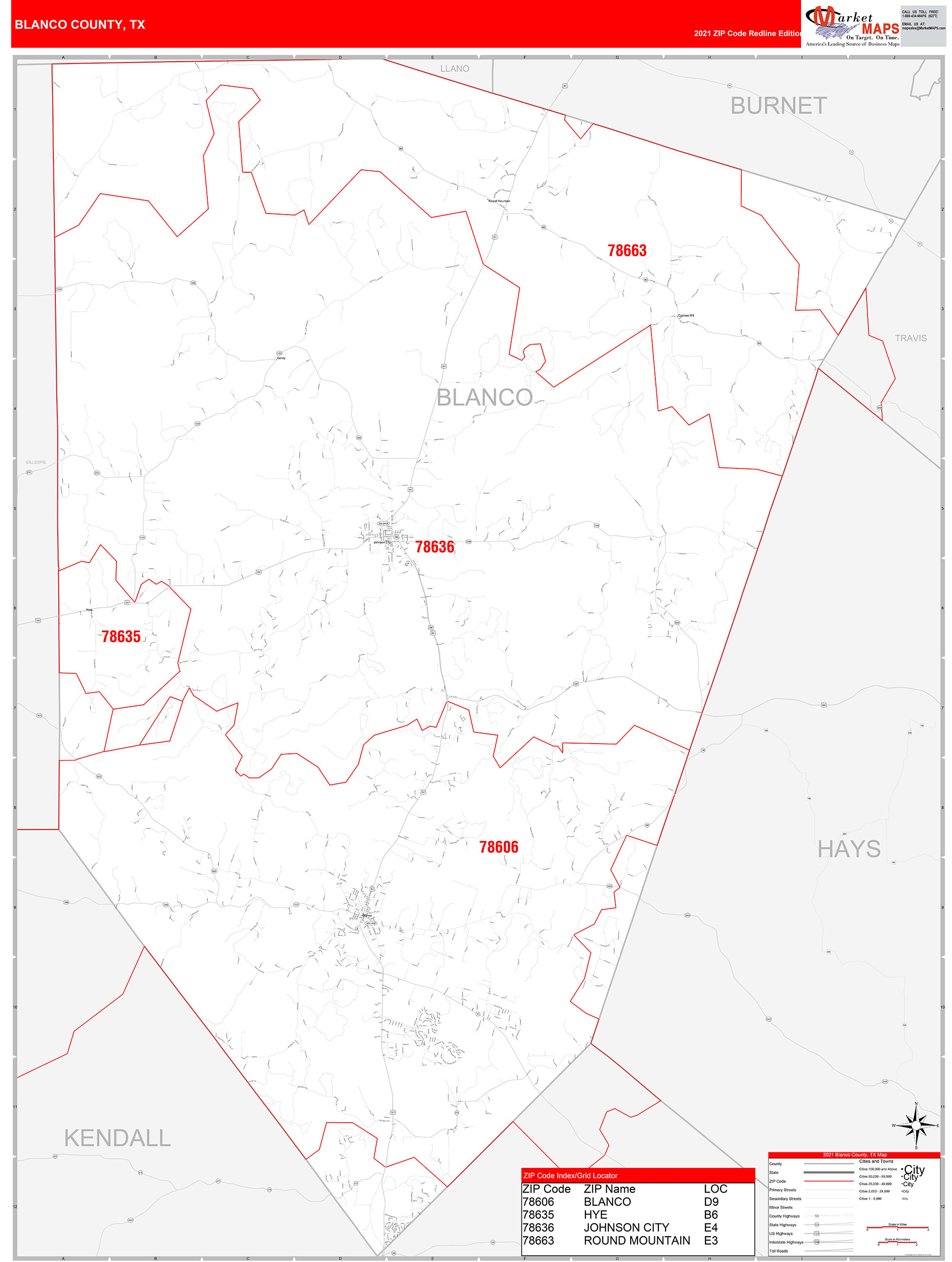 Blanco County, TX Zip Code Wall Map Red Line Style by MarketMAPS - MapSales