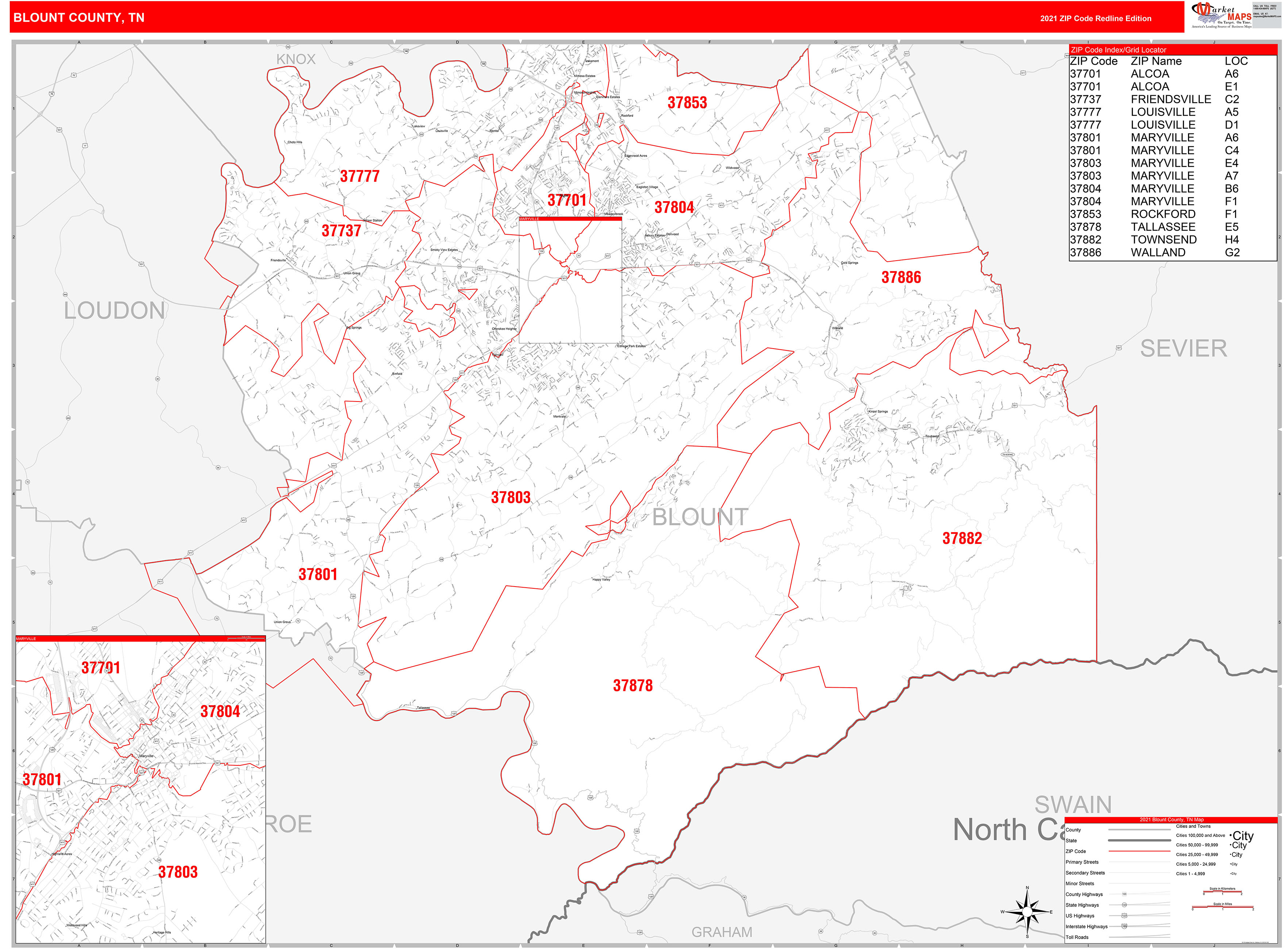 Blount County Tn Zip Code Wall Map Red Line Style By Marketmaps Mapsales