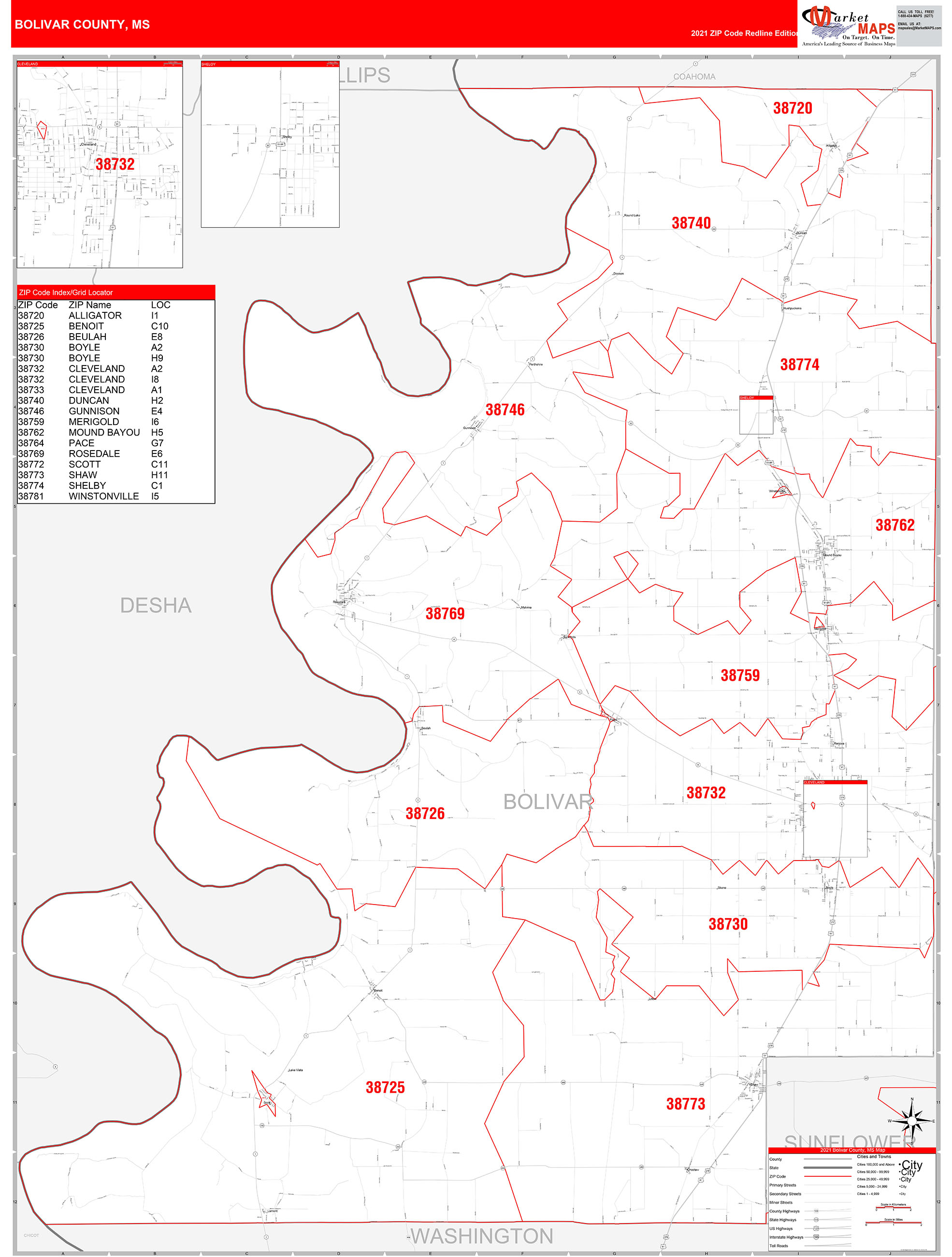 Bolivar County, MS Zip Code Wall Map Red Line Style by MarketMAPS ...