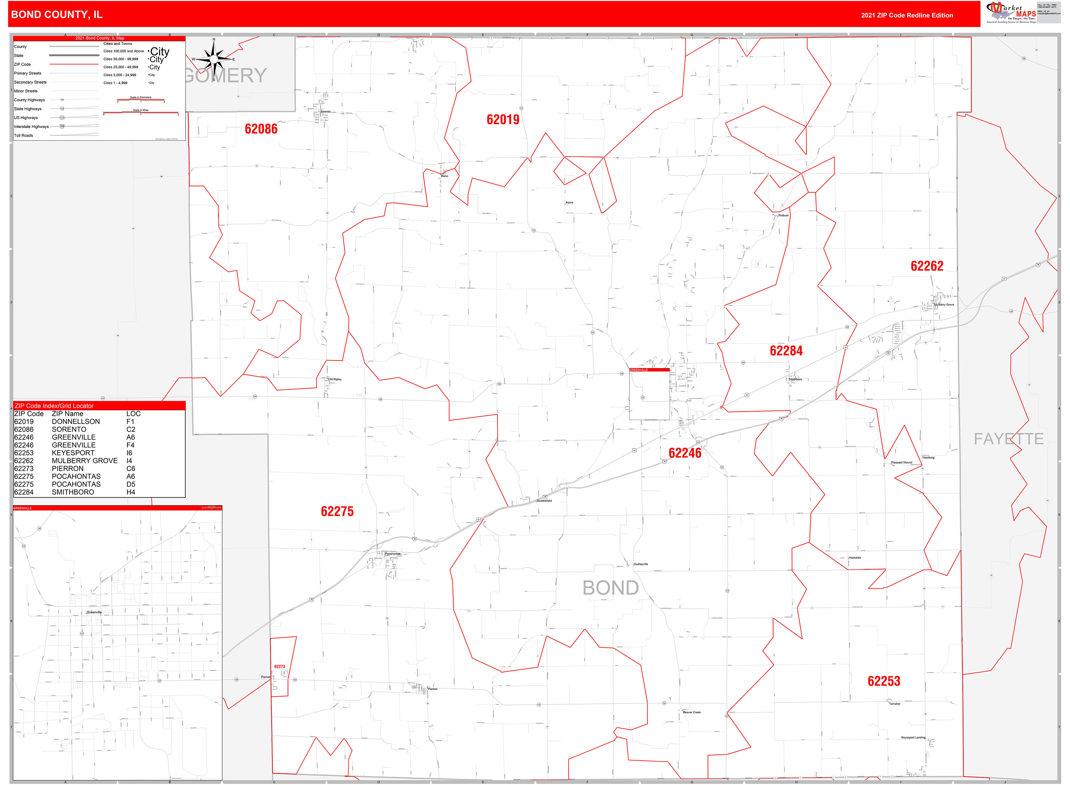 Bond County, IL Zip Code Wall Map Red Line Style by MarketMAPS MapSales