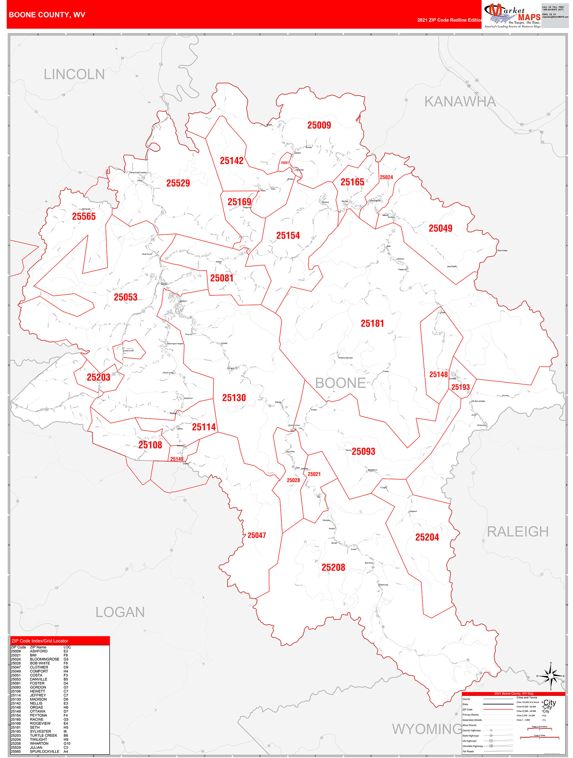 Boone County, WV Zip Code Wall Map Red Line Style by MarketMAPS - MapSales