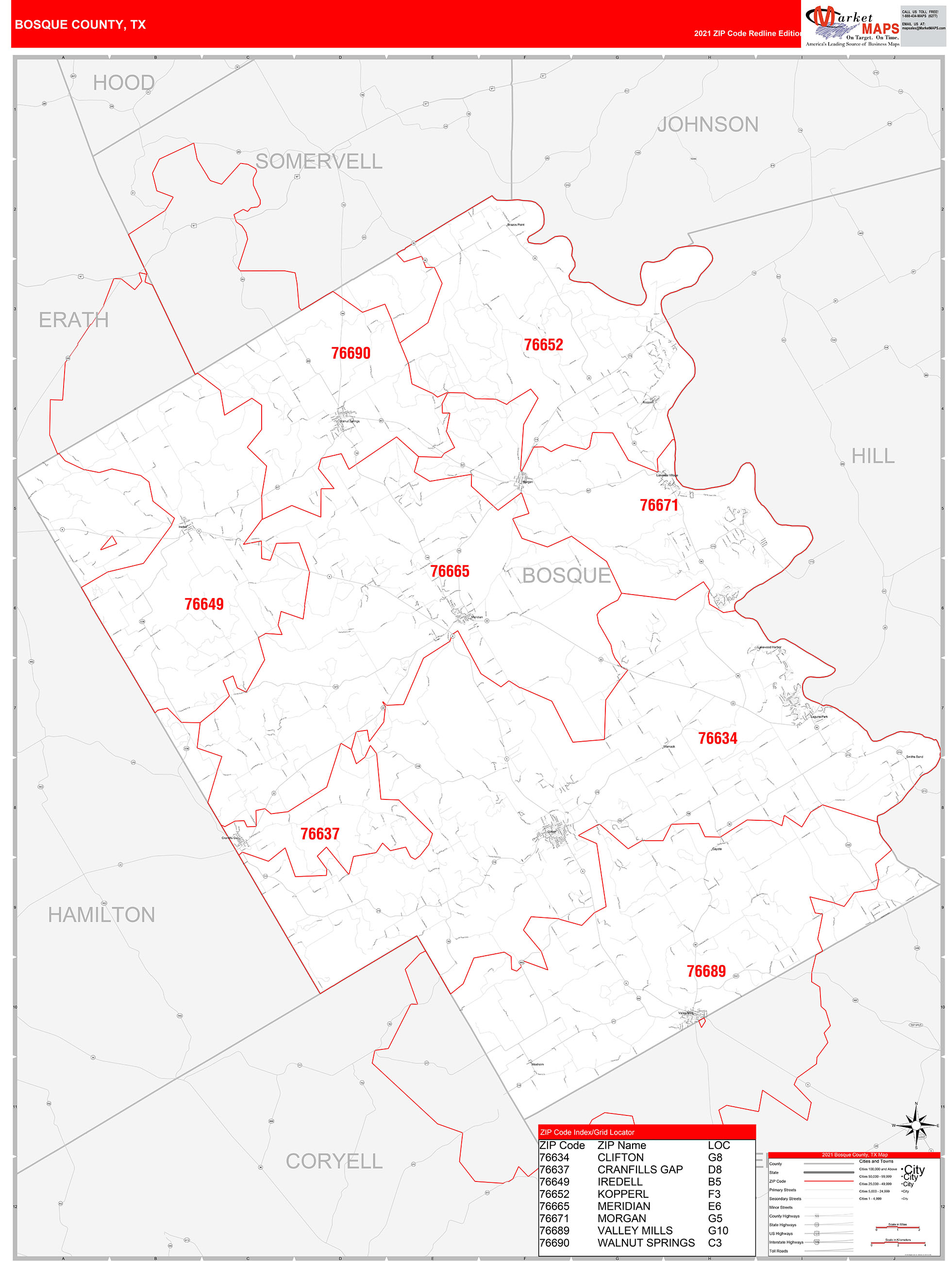 Bosque County, Tx Zip Code Wall Map Red Line Style By Marketmaps - Mapsales