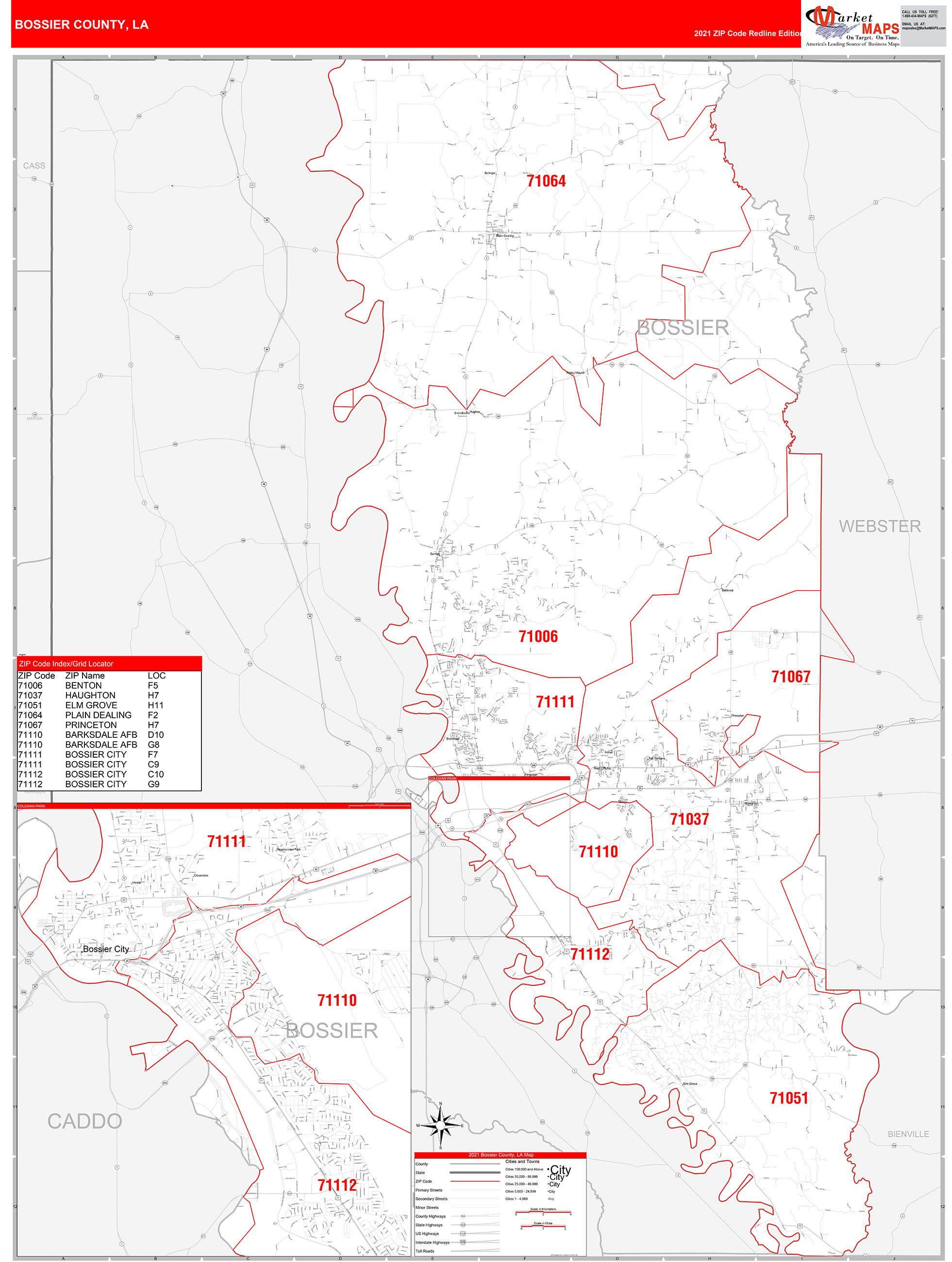 Bossier County, LA Zip Code Wall Map Red Line Style by MarketMAPS ...