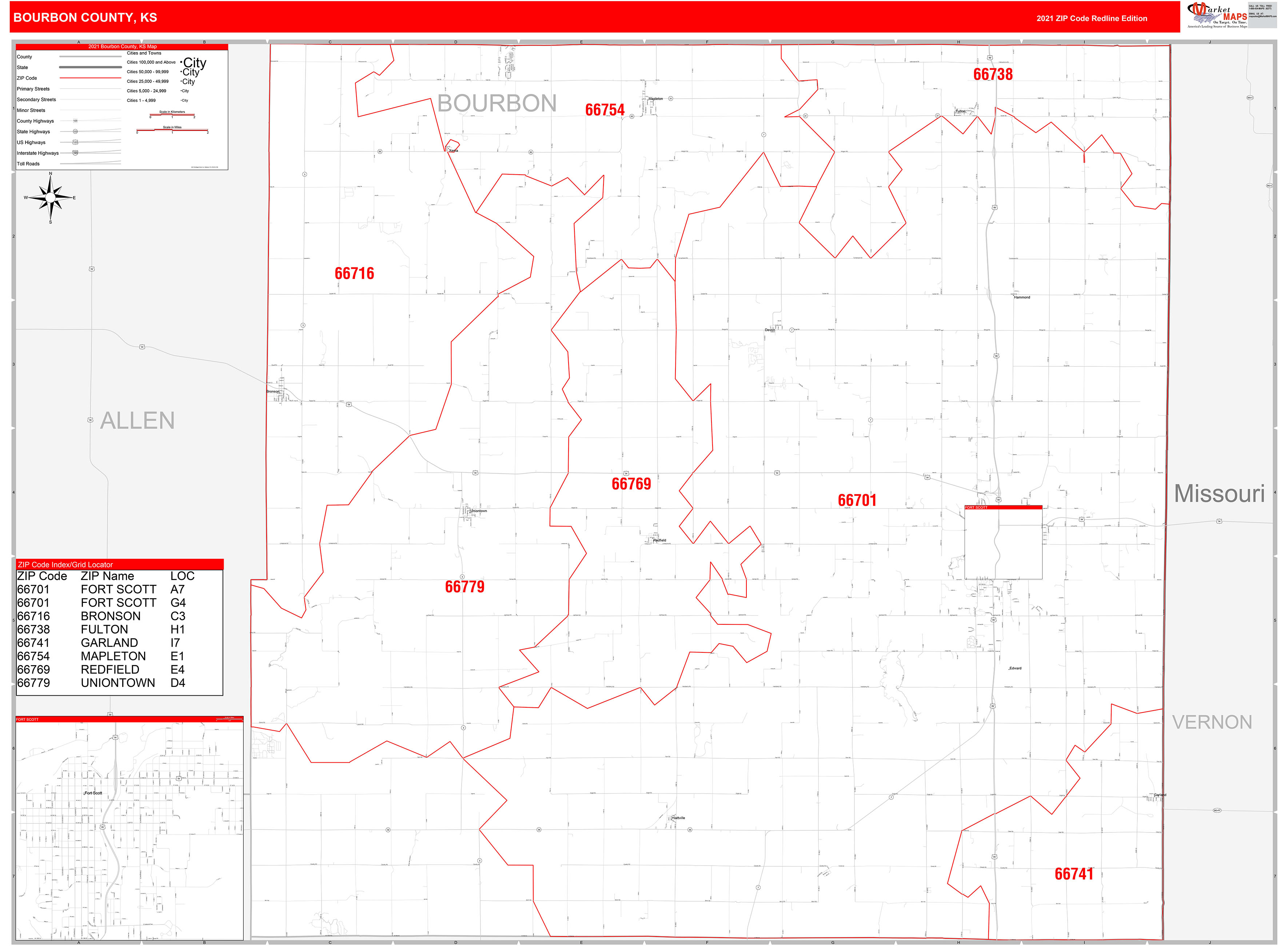 Bourbon County, KS Zip Code Wall Map Red Line Style by MarketMAPS