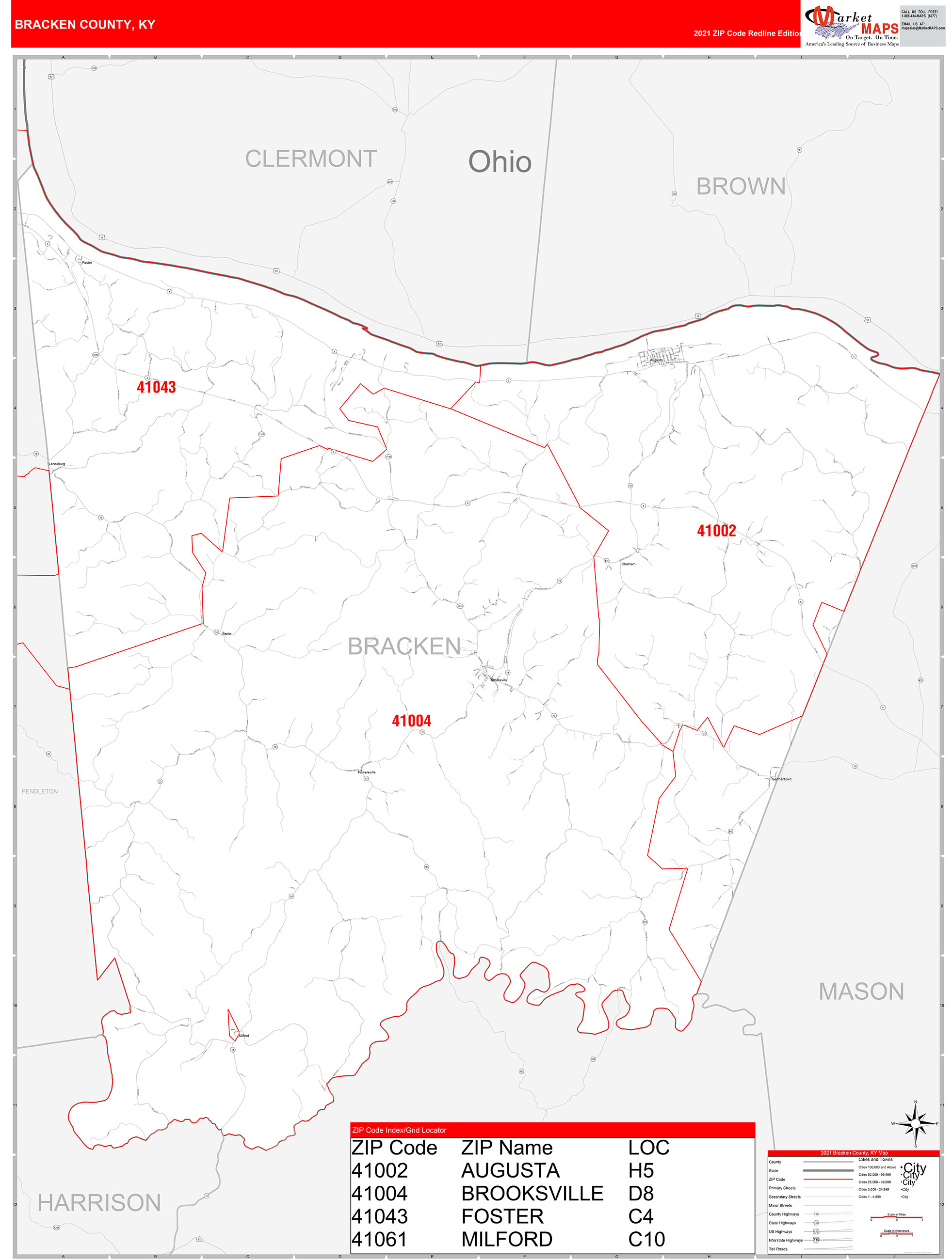 Bracken County, KY Zip Code Wall Map Red Line Style by MarketMAPS