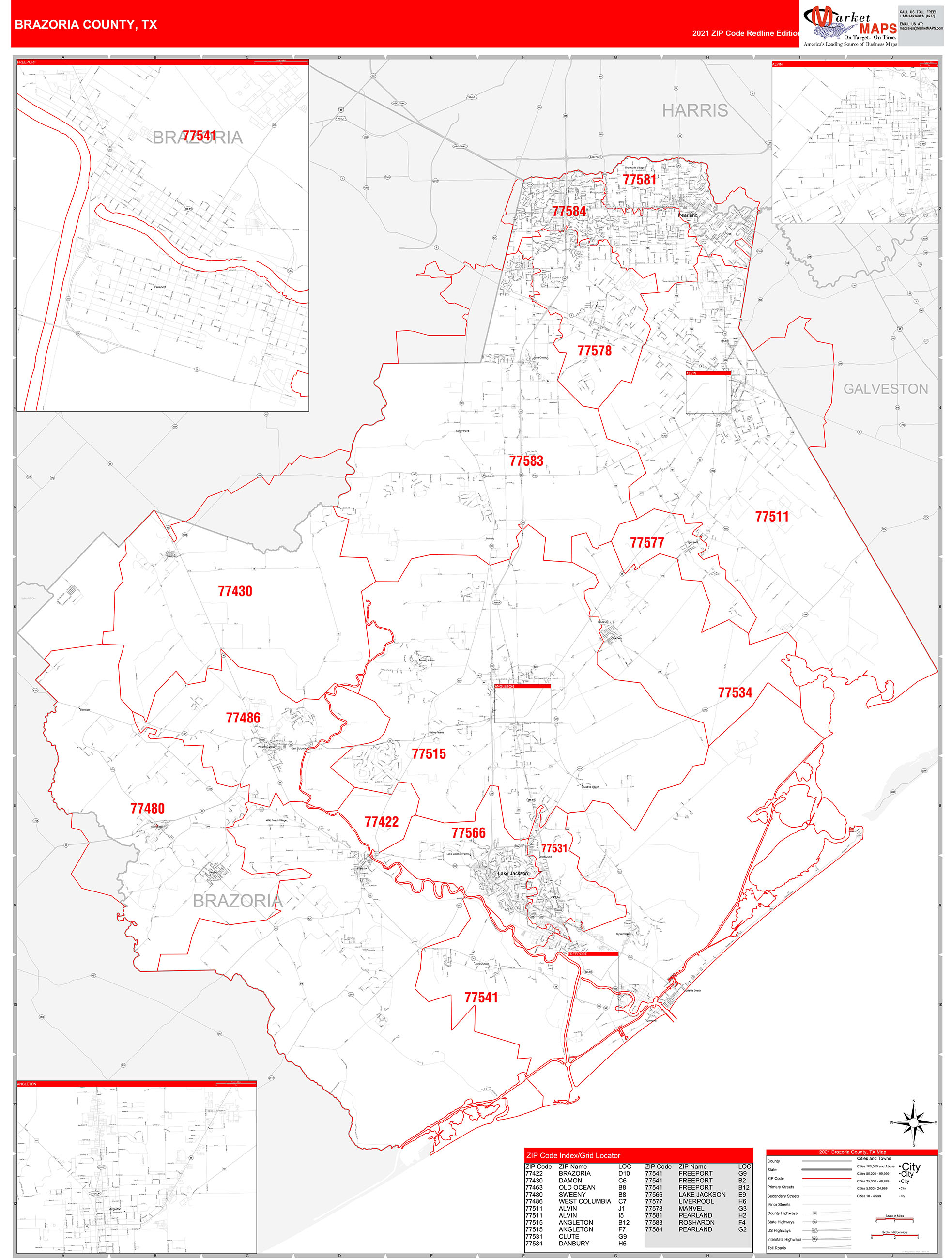 Brazoria County, TX Zip Code Wall Map Red Line Style by MarketMAPS ...