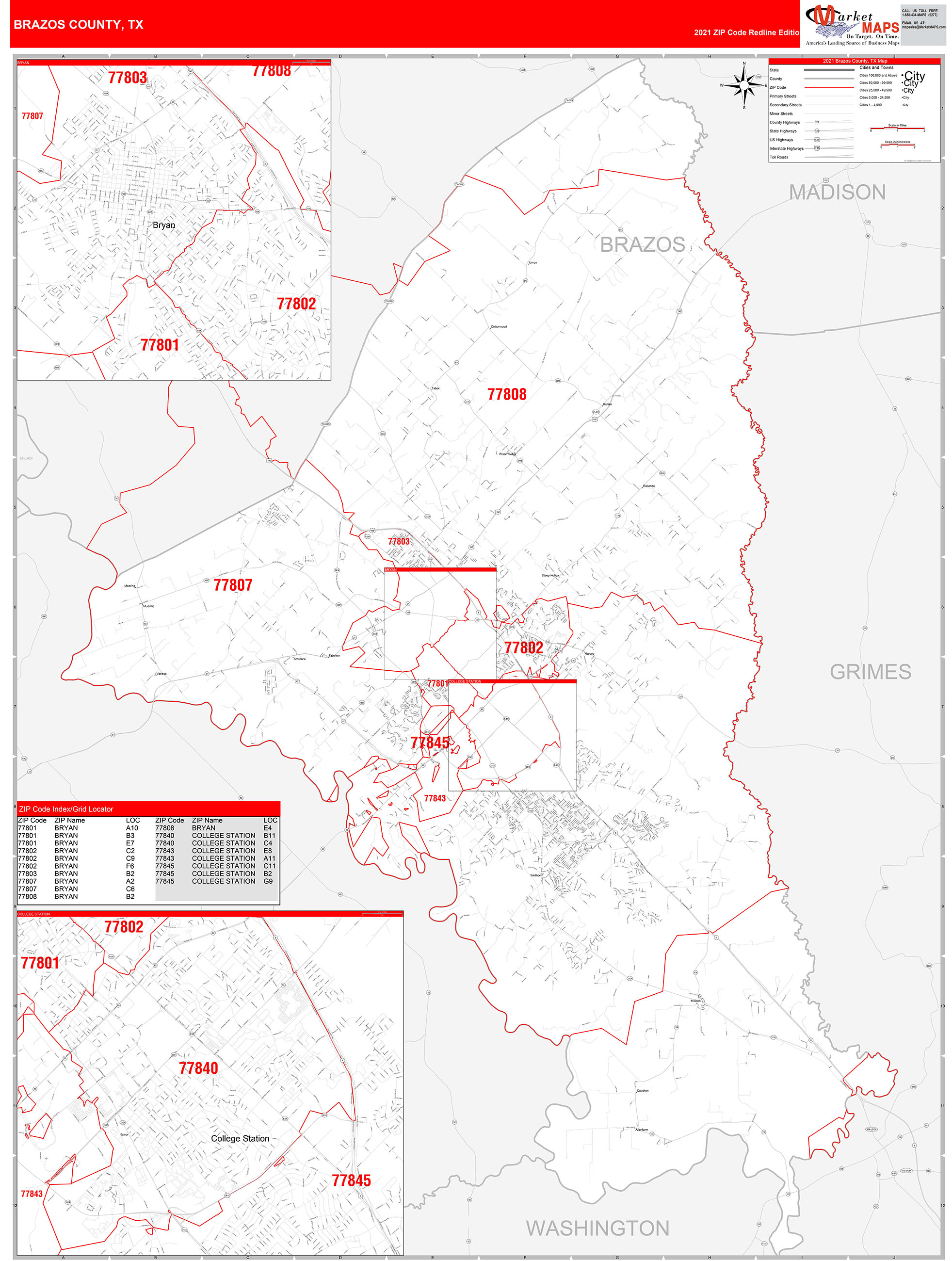 Brazos County, TX Zip Code Wall Map Red Line Style by MarketMAPS - MapSales