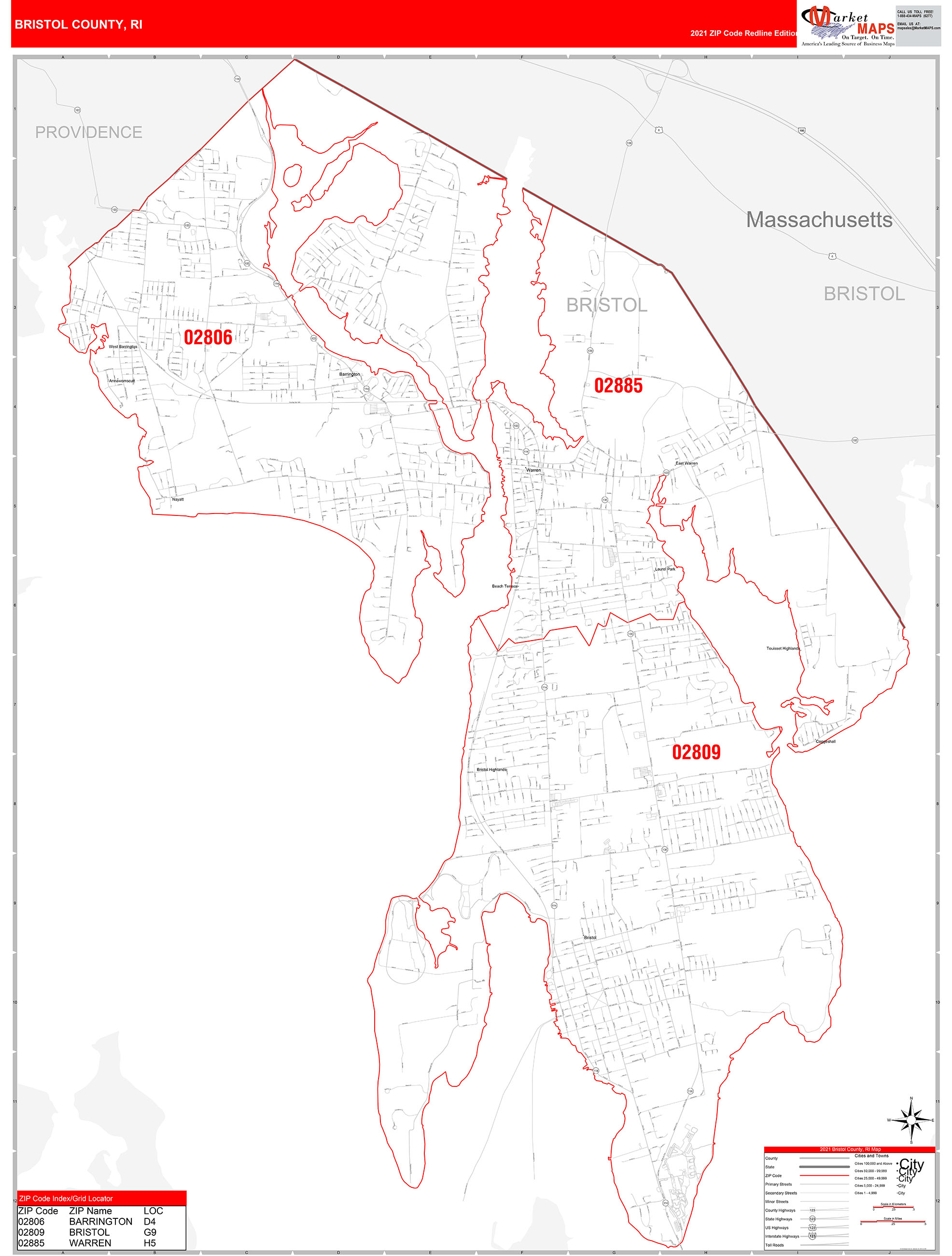 Bristol County, RI Zip Code Wall Map Red Line Style by MarketMAPS