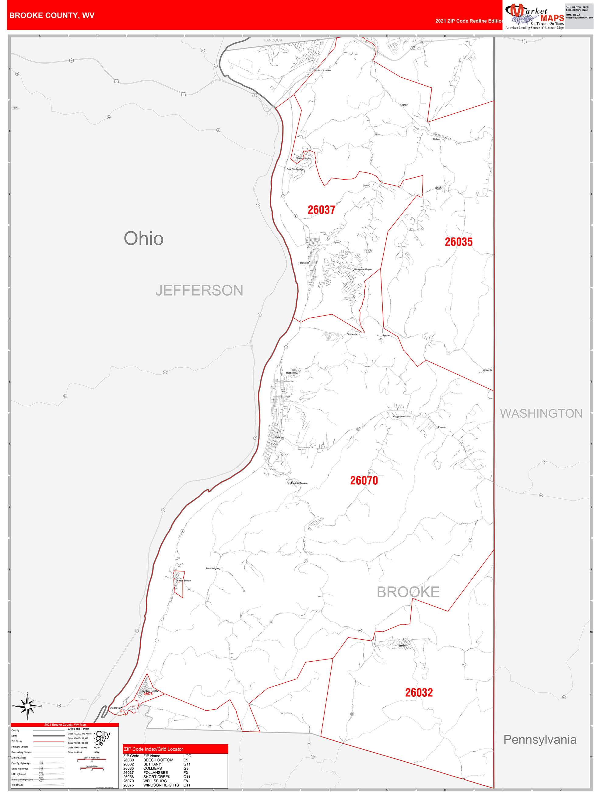 Brooke County Wv Zip Code Wall Map Red Line Style By Marketmaps 5958