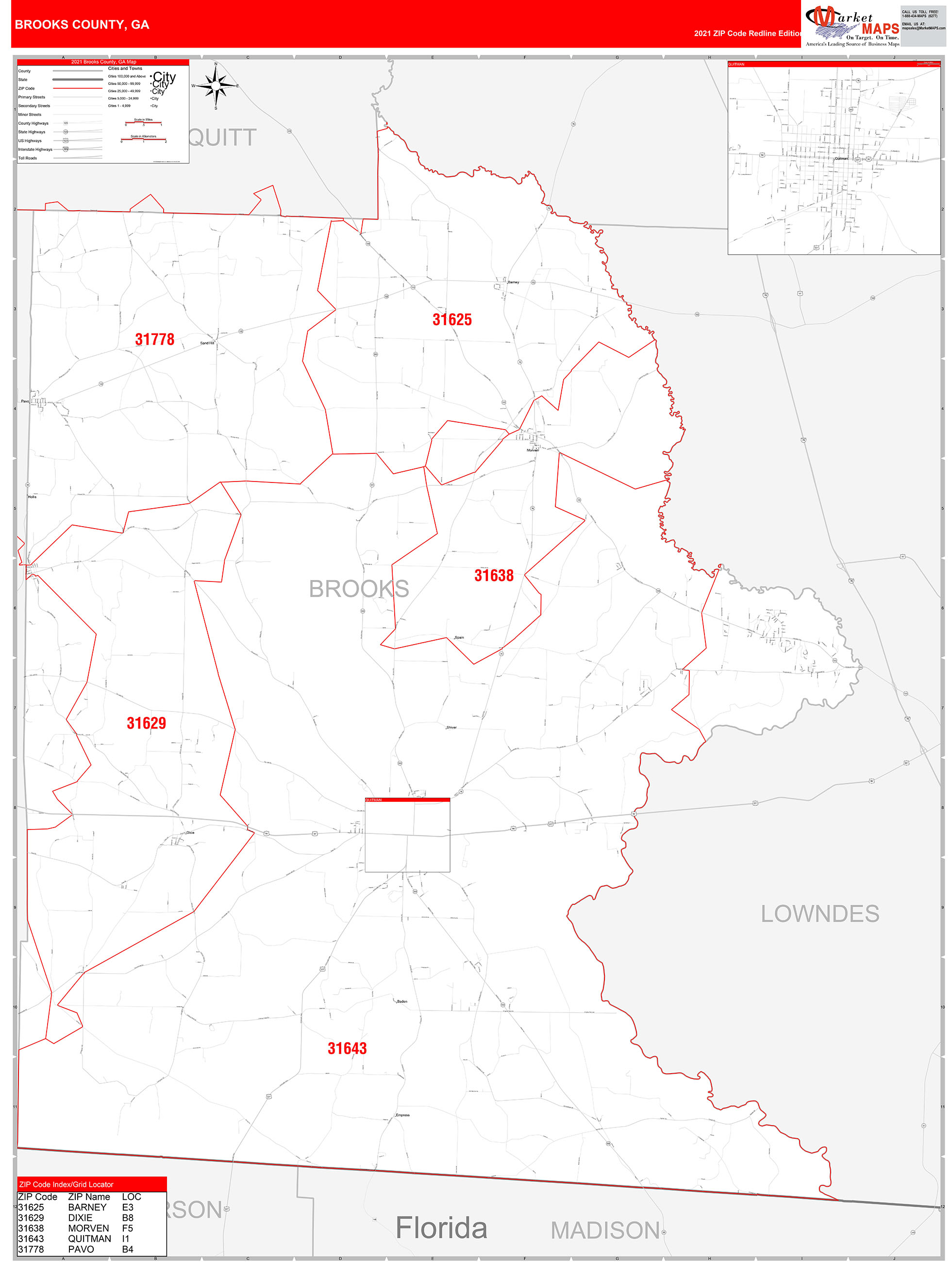 Brooks County, GA Zip Code Wall Map Red Line Style by MarketMAPS ...