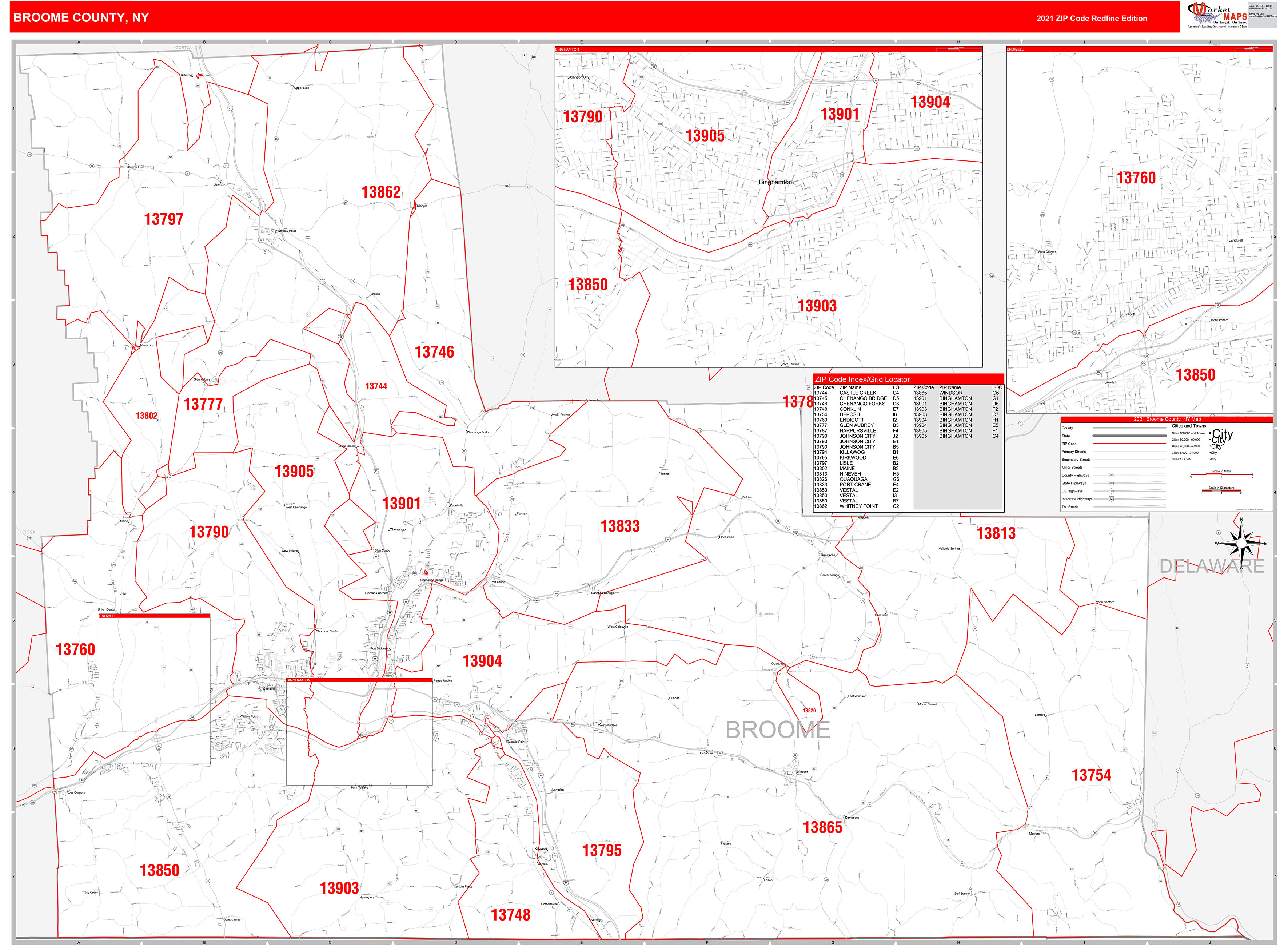 Broome County Ny Zip Code Wall Map Red Line Style By Marketmaps 4004