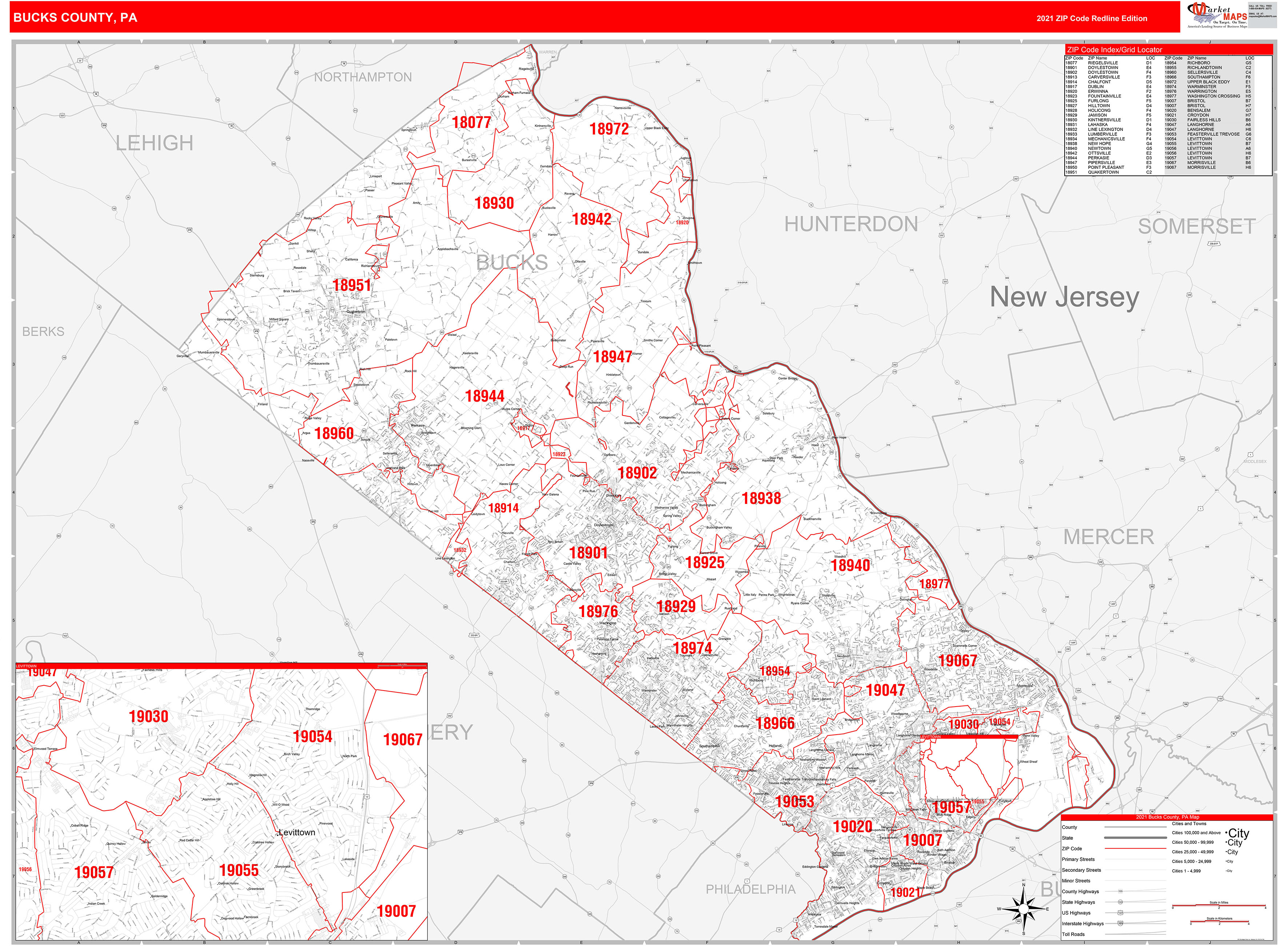Bucks County Pa Zip Code Wall Map Red Line Style By Marketmaps Mapsales 7474