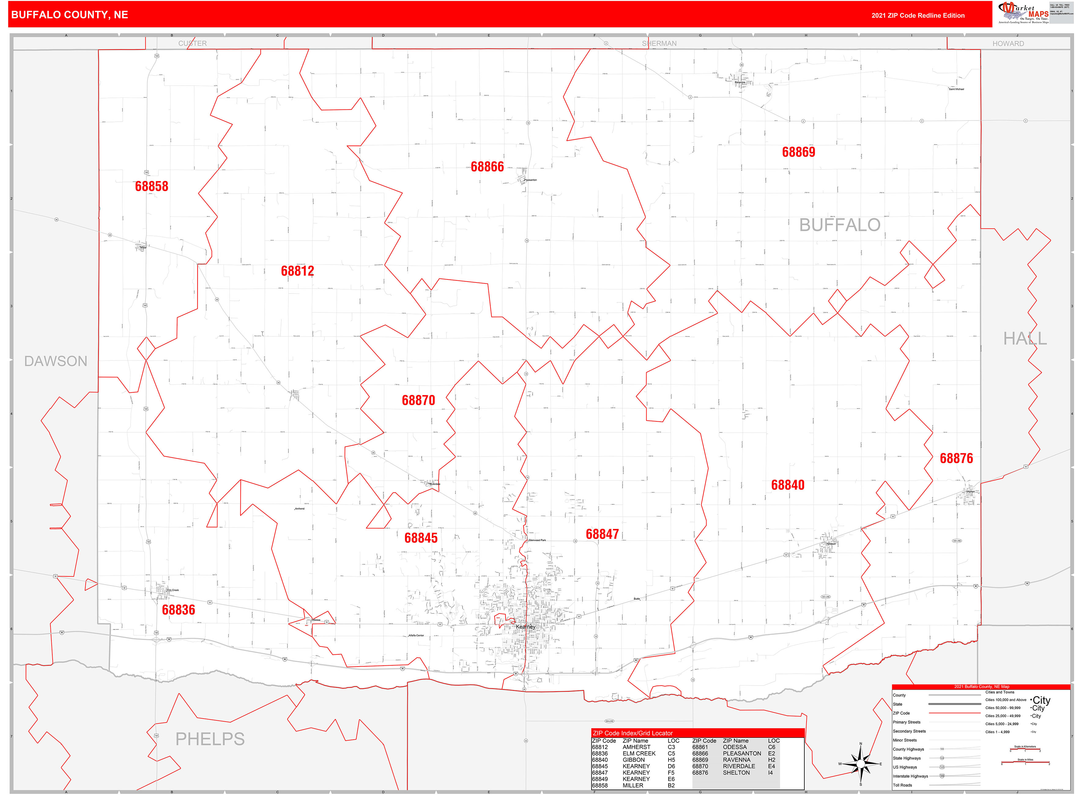 Buffalo County, NE Zip Code Wall Map Red Line Style by MarketMAPS ...