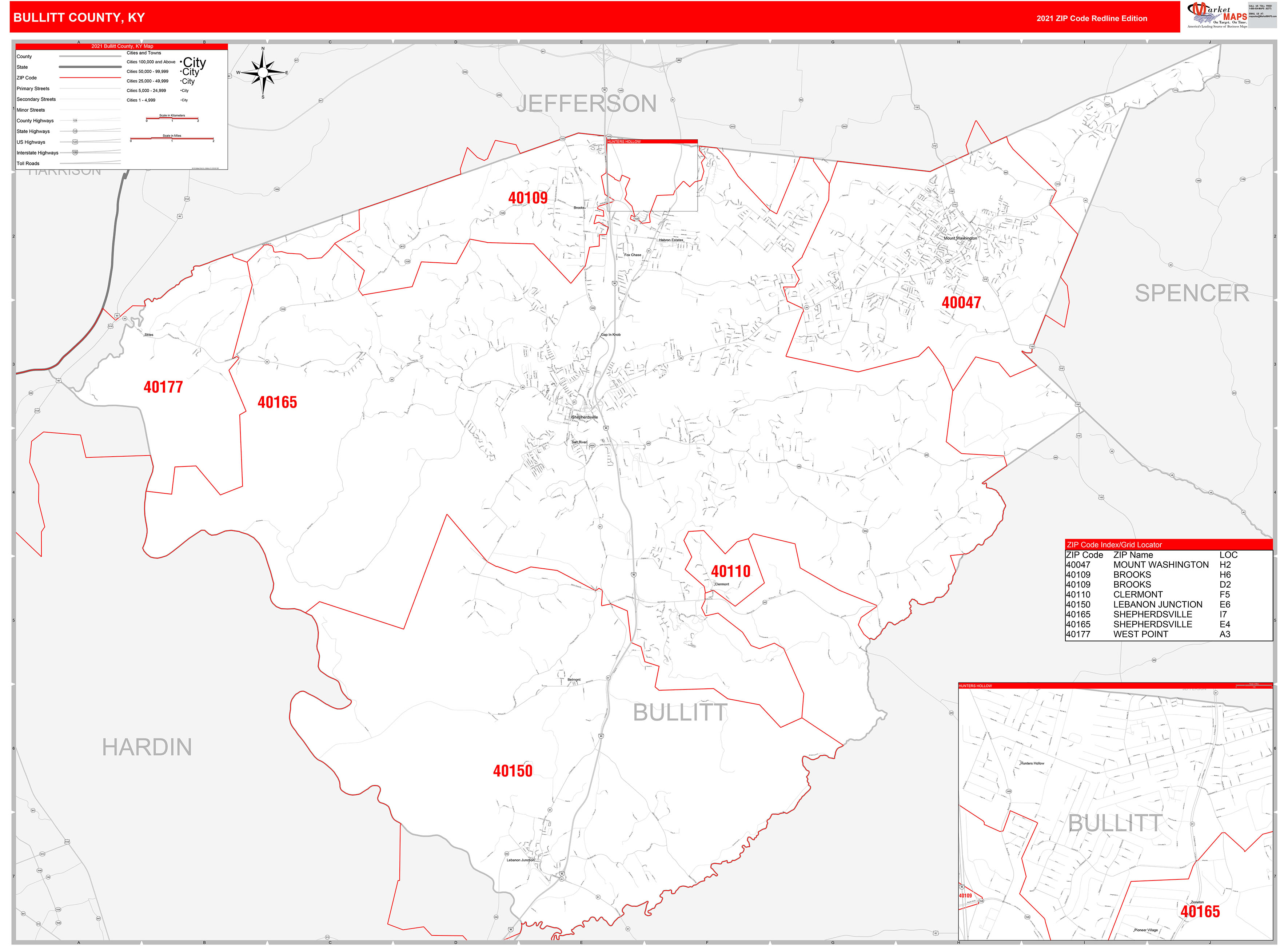 Bullitt County Ky Zip Code Wall Map Red Line Style By Marketmaps Mapsales 4063