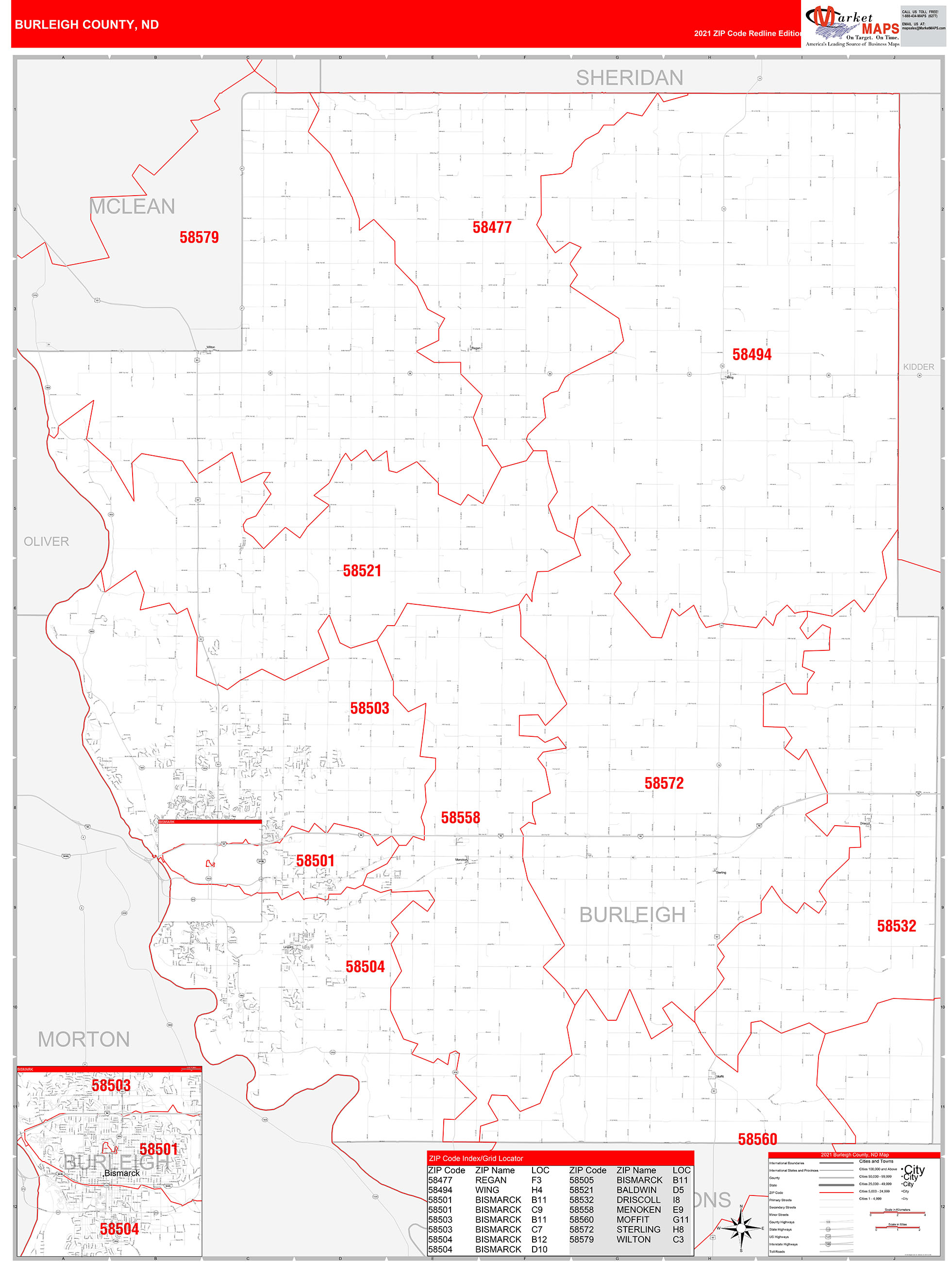 Burleigh County, ND Zip Code Wall Map Red Line Style by MarketMAPS ...